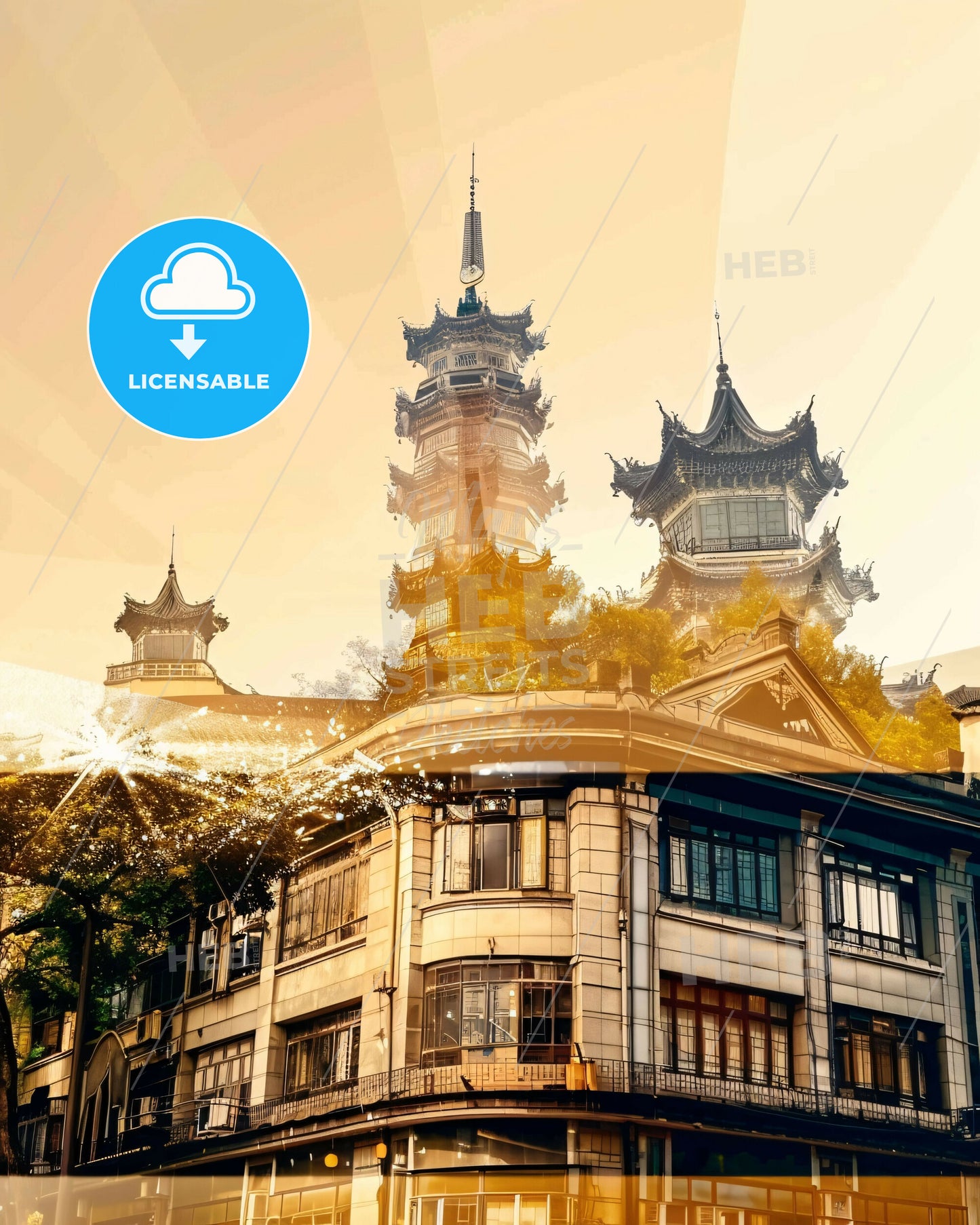 Nanjing Skyline Double Exposure Poster Art - A building with a tall tower