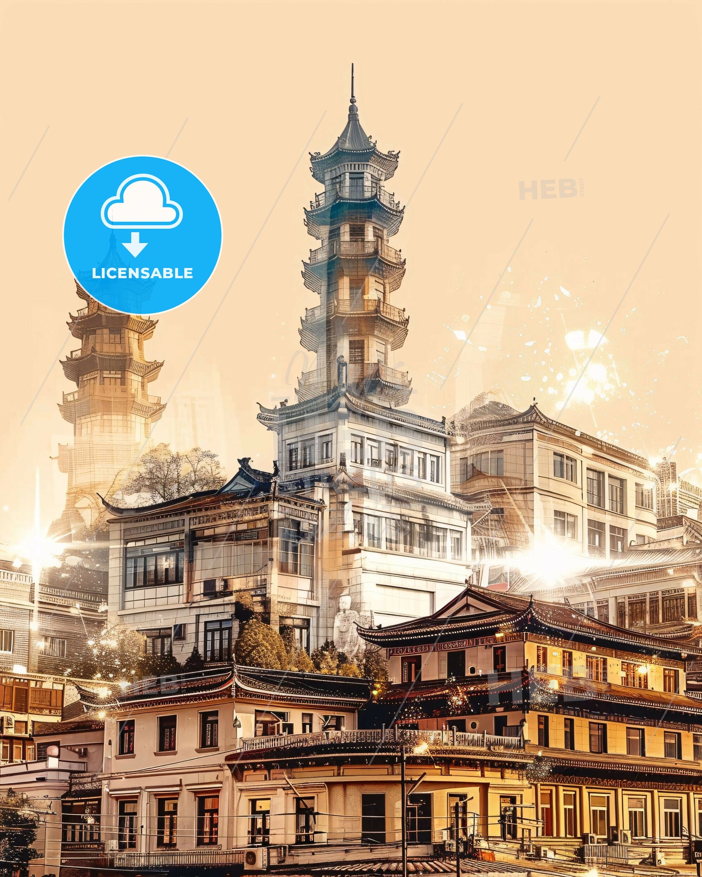 Nanjing Skyline City Lights Poster - A large building with a tall tower