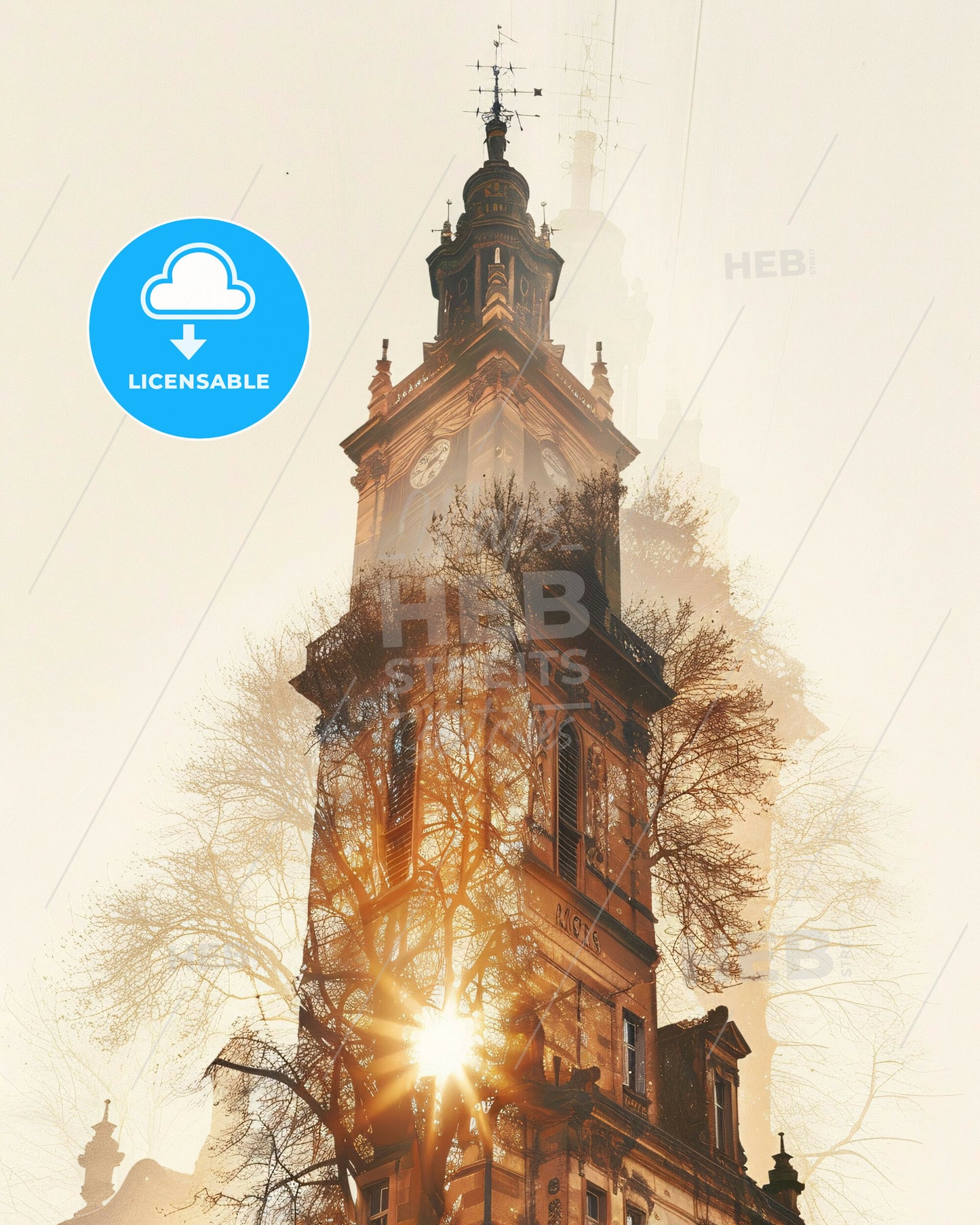 Nantes Skyline Art Poster Bright Beige Subtile Backlight - A clock tower with a sun shining through it