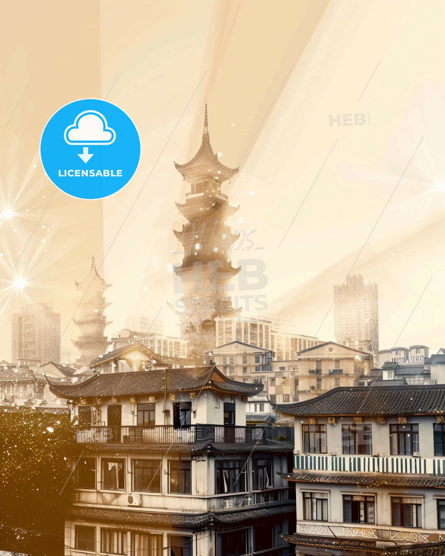 Nantong City Skyline Art Poster, Beige - A city with a tall tower