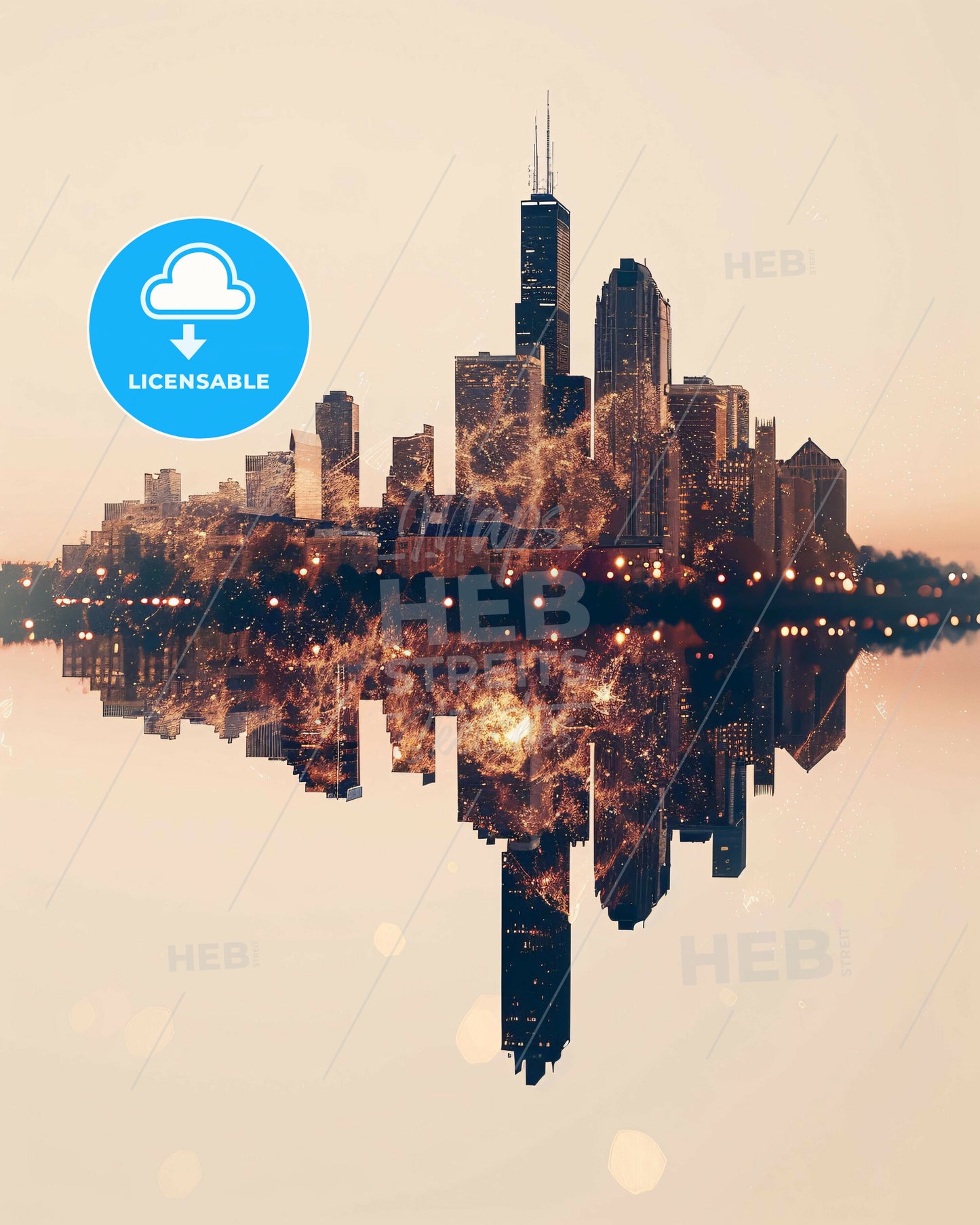 Naperville Skyline Double Exposure Art Bright - A city skyline reflected in water