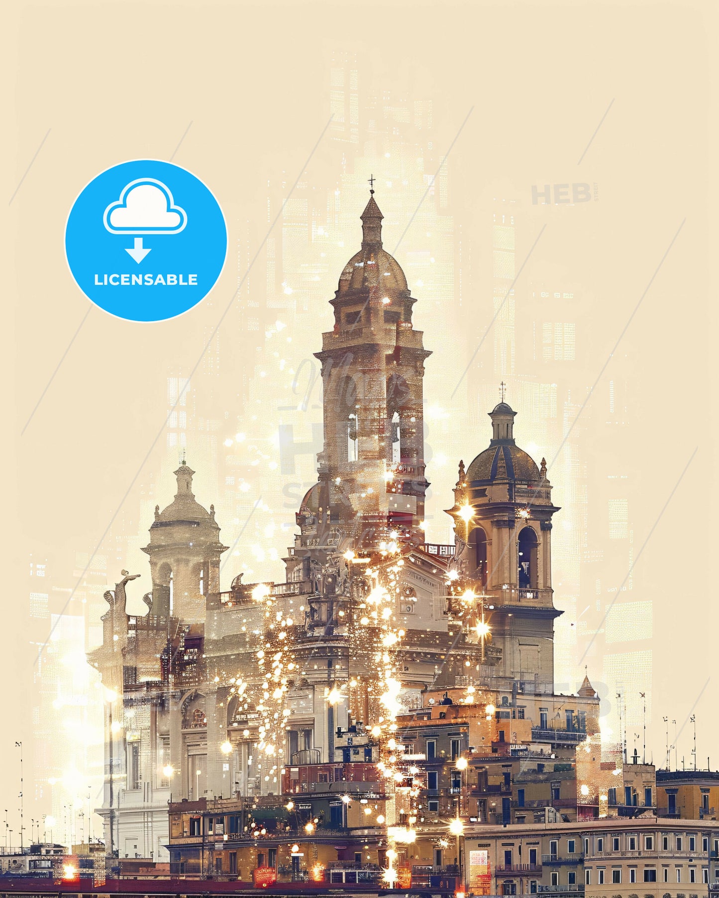 Naples City Lights Composite Art Poster - A building with a tower and a tower