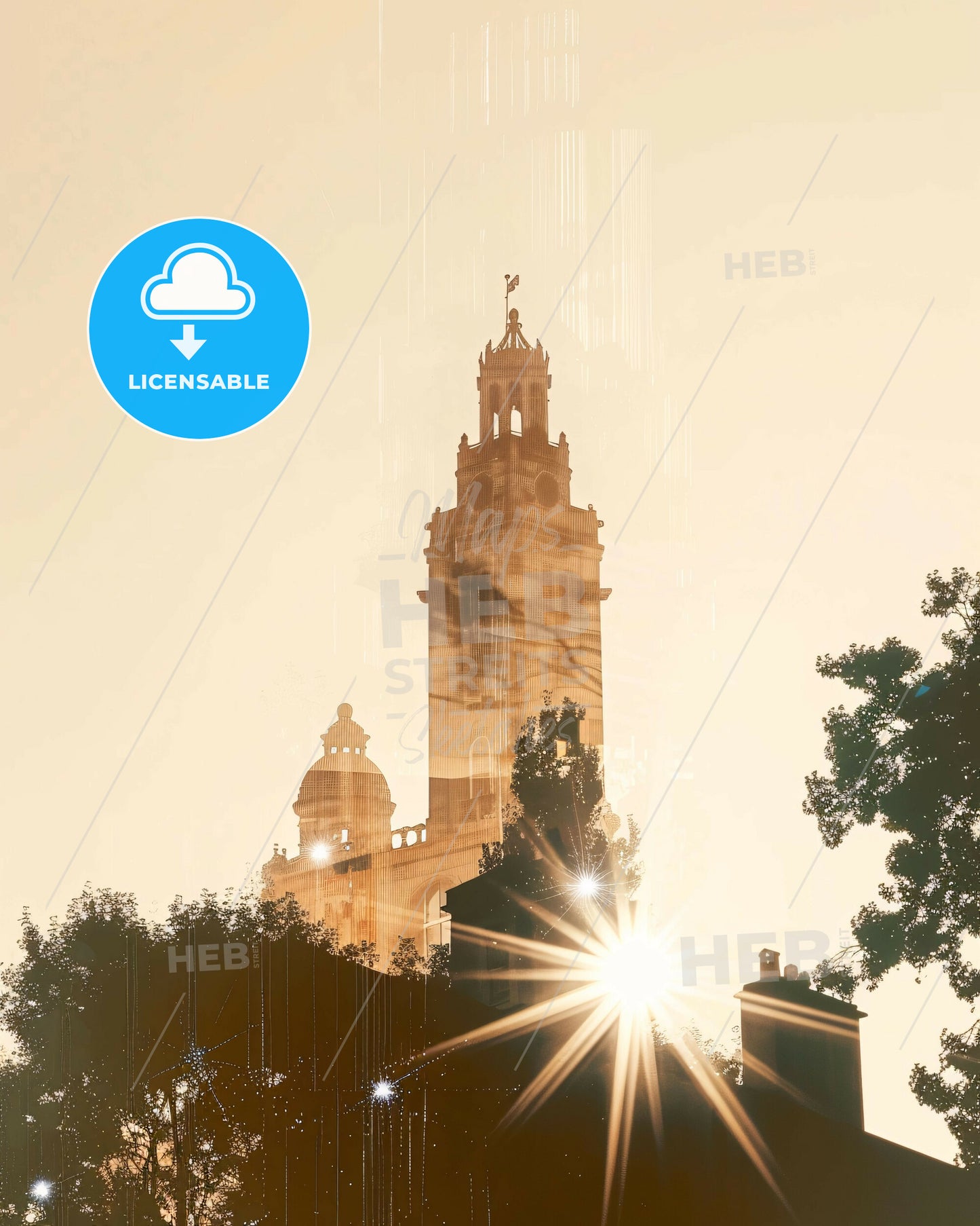 Navan, Ireland Cityscape Double Exposure Poster - Sun shining through trees and a tall building