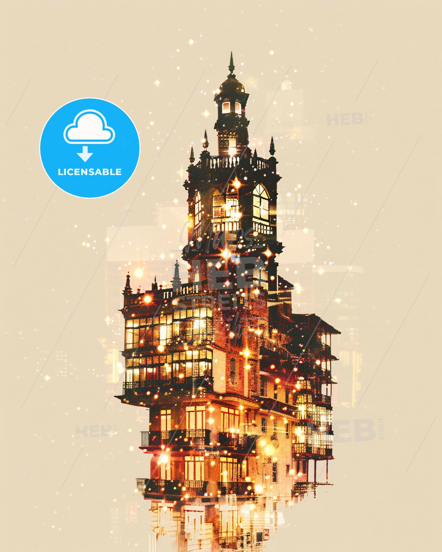 Neiva Skyline Composite Art, Sparkling Hues - A building with many windows and lights