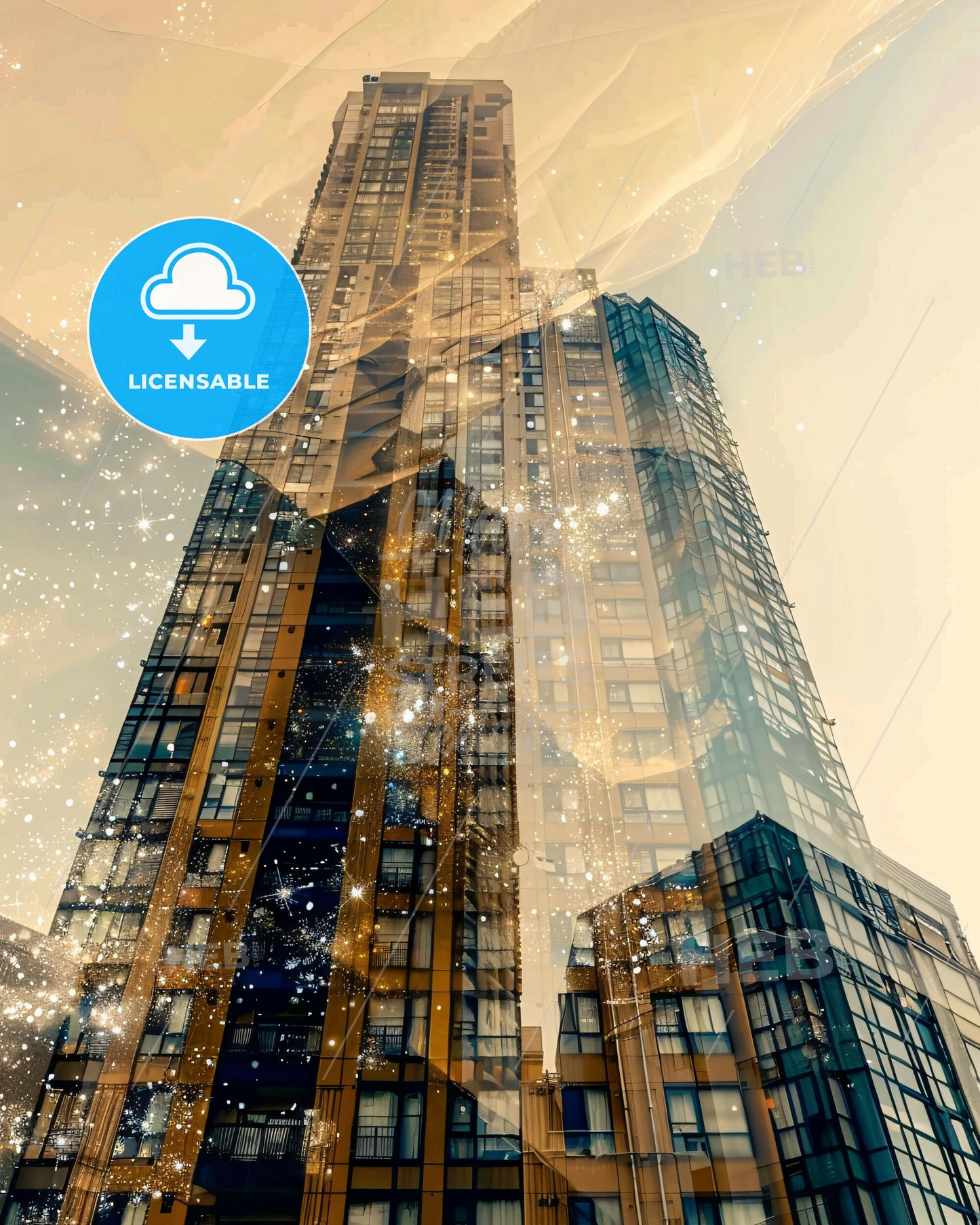 Nerima Skyline Double Exposure Art with Sparkles - A double exposure of a tall building