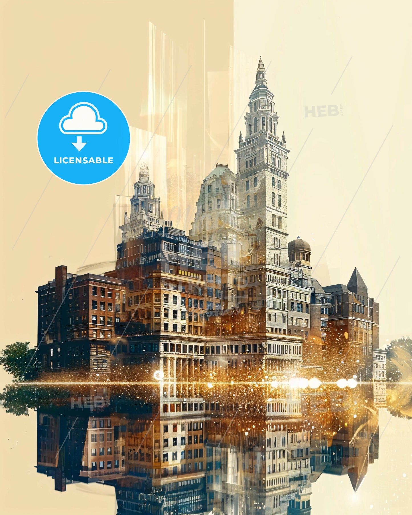 New Haven Double Exposure Skyline Poster - A city with many buildings reflected in water