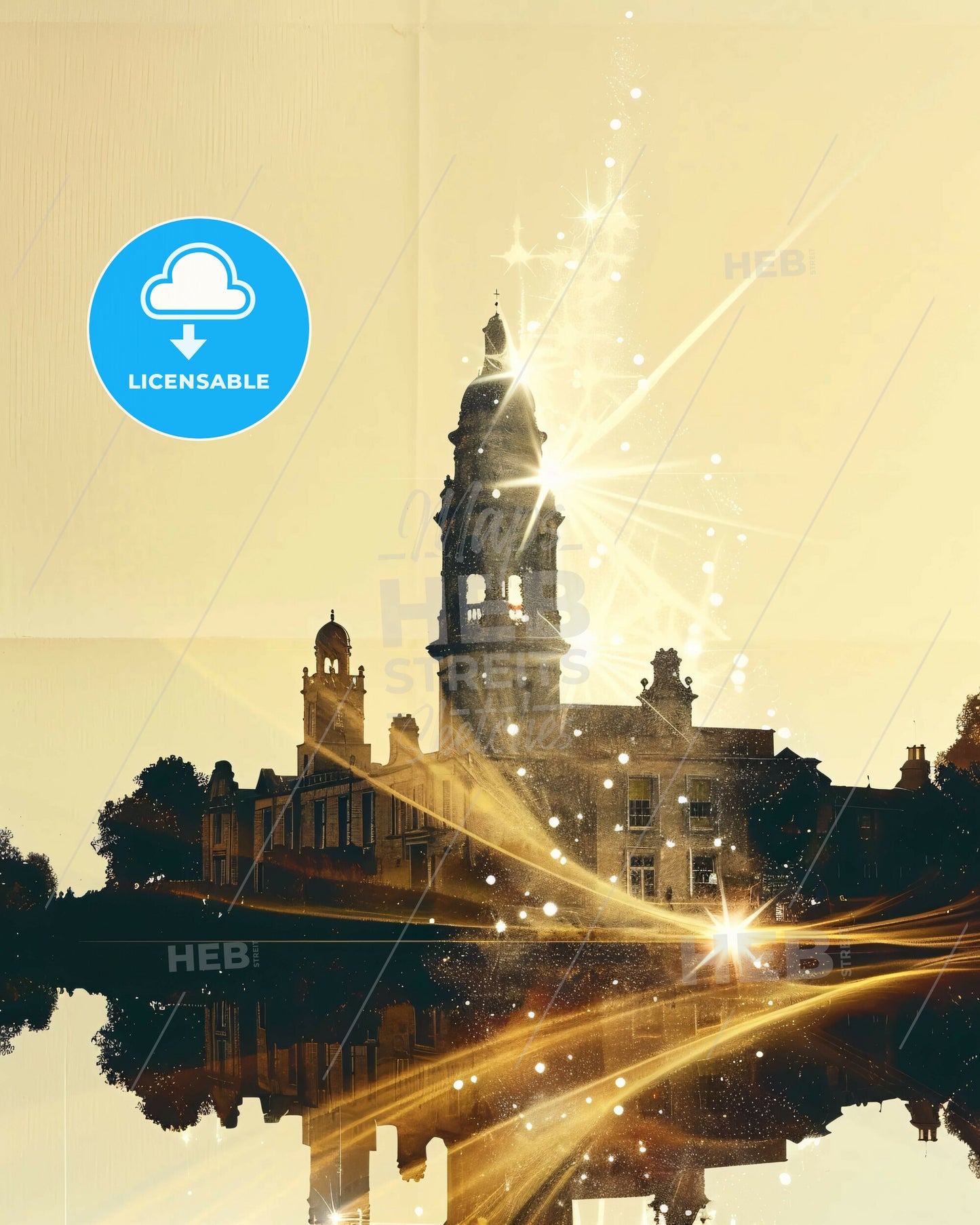 Newbridge Double Exposure Cityscape Art - A building with a tower and a light shining on it