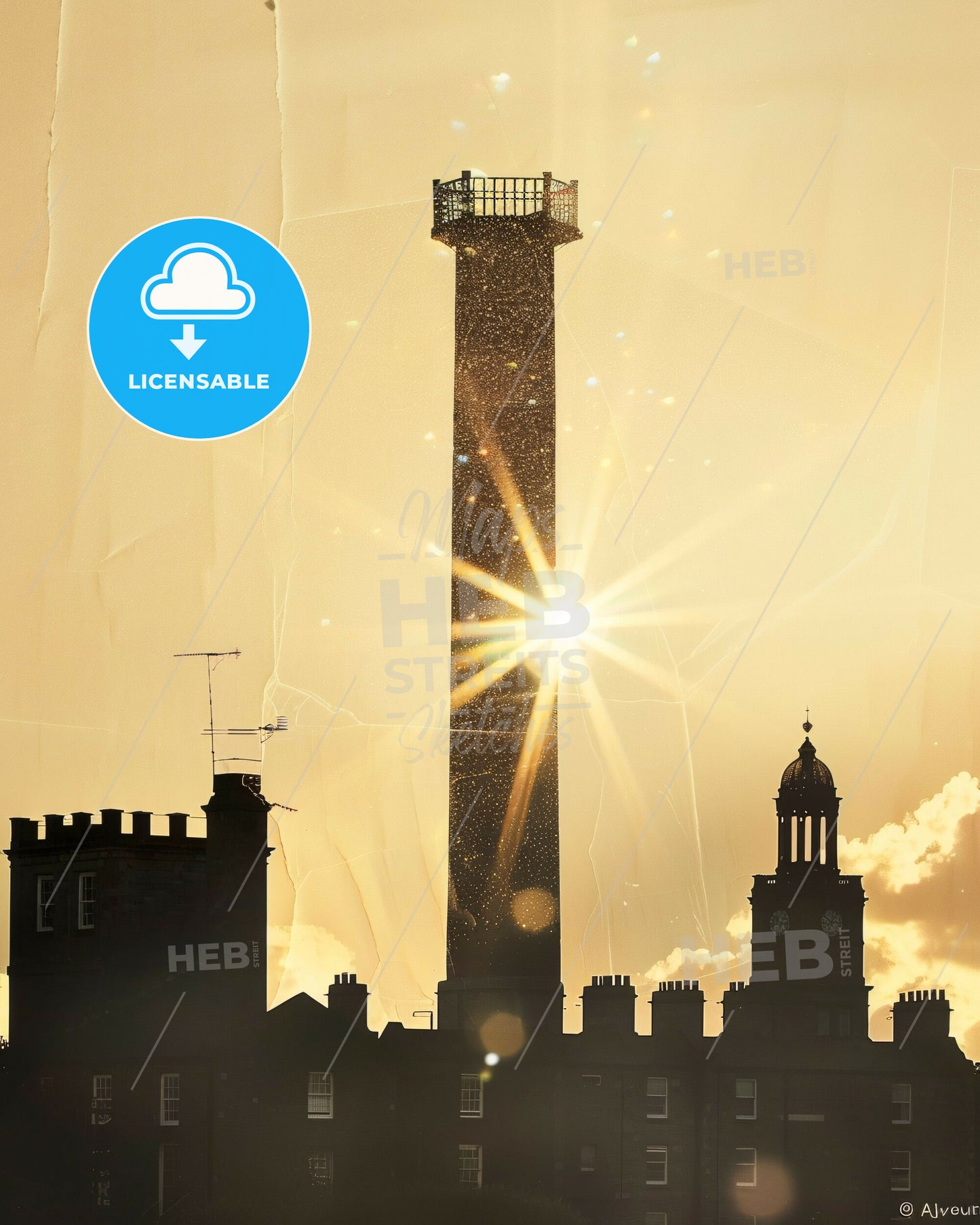 Newbridge Ireland Silhouette City Lights Poster - A silhouette of a tower with a sun shining through it
