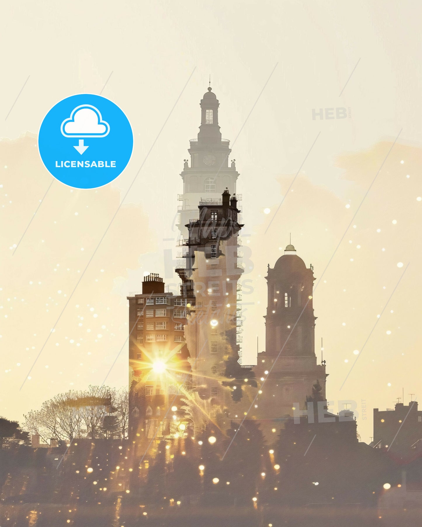 Newbridge, Ireland Silhouette Skyline Poster Art - A city with a tall tower