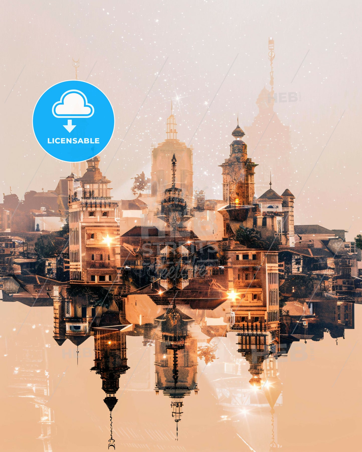 Niamey Skyline Double Exposure Art Poster - A city with many buildings reflected in water