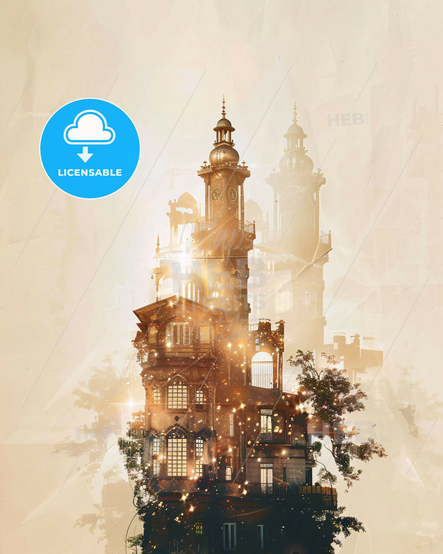 Niamey City Skyline Double Exposure Poster - A building with a tower and a tree