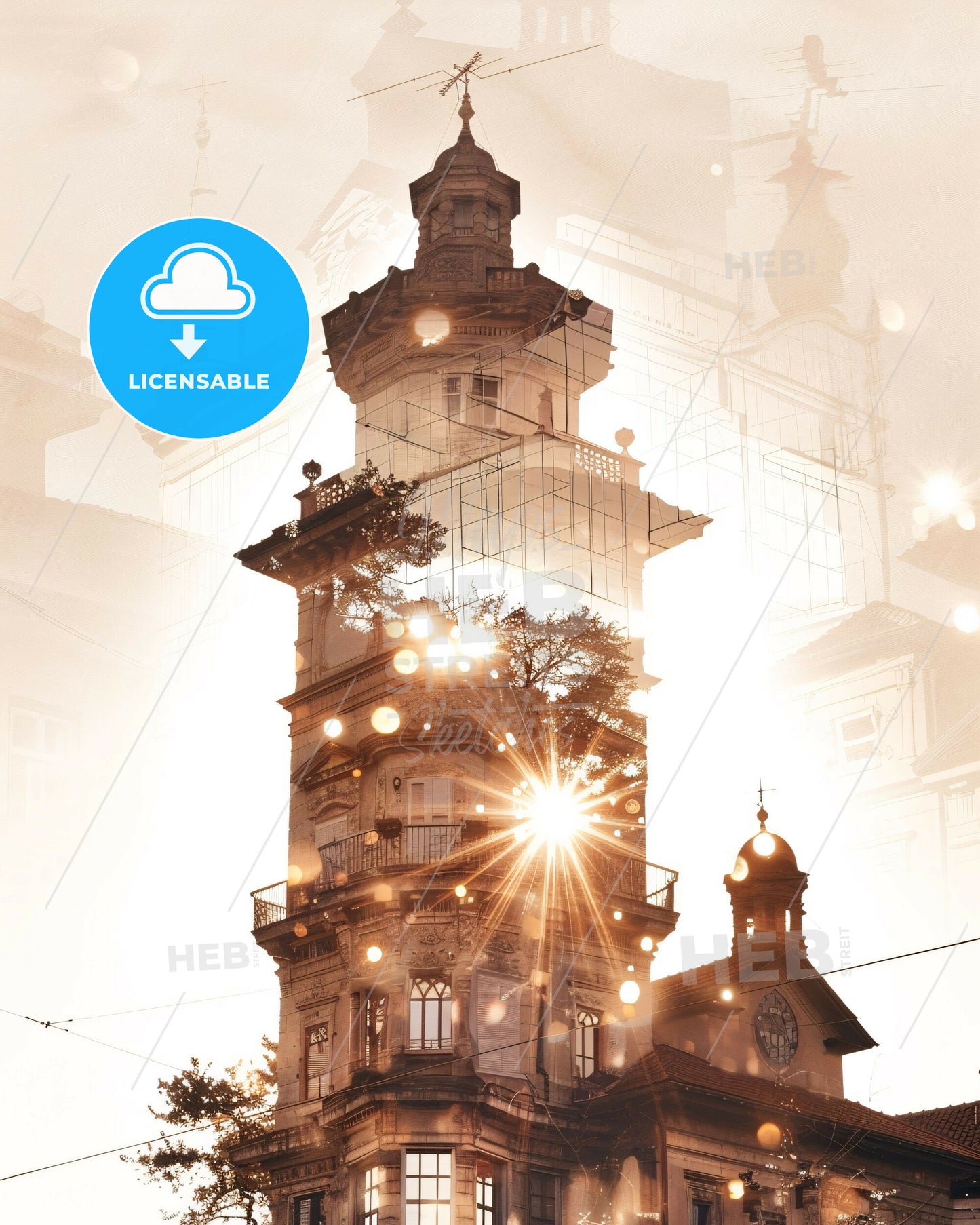 Nikšić Skyline Double Exposure Art - A building with a tree in front of it