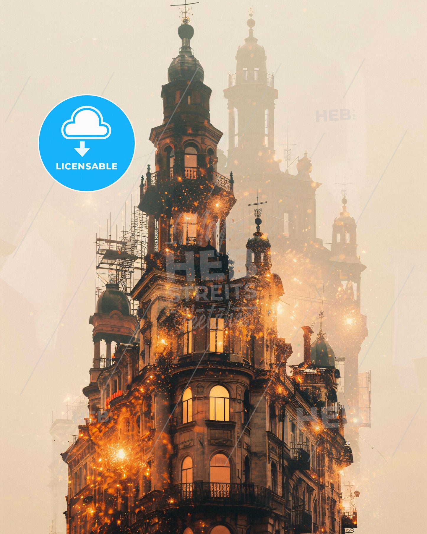 Nizhny Novgorod Cityscape Night Composite Poster - A building with many windows and a tower