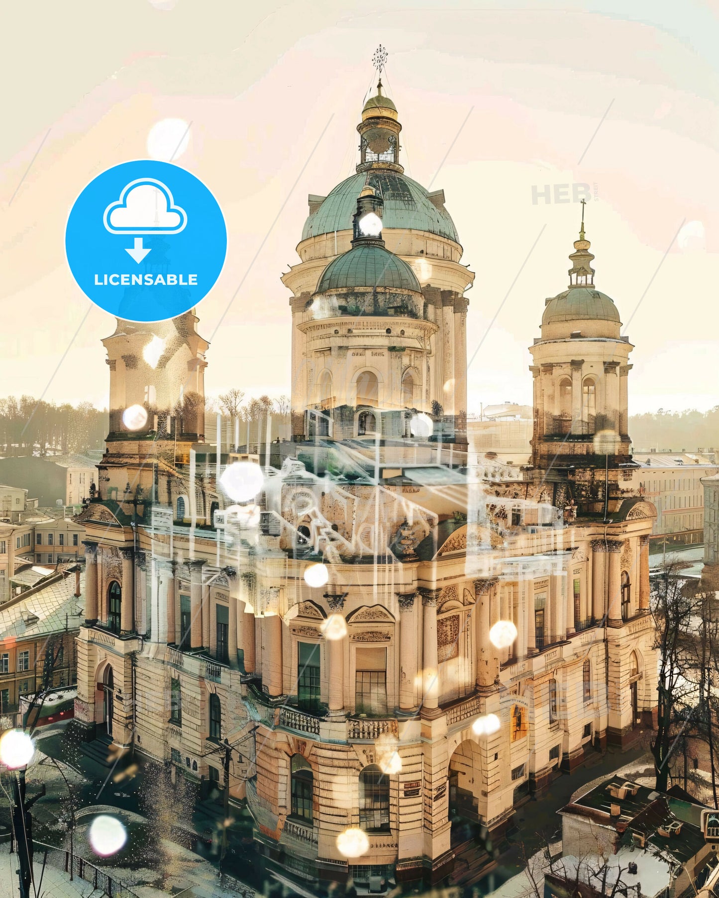 Nizhny Novgorod City Lights Skyline Art Deco Poster - A large building with a dome and a blue roof