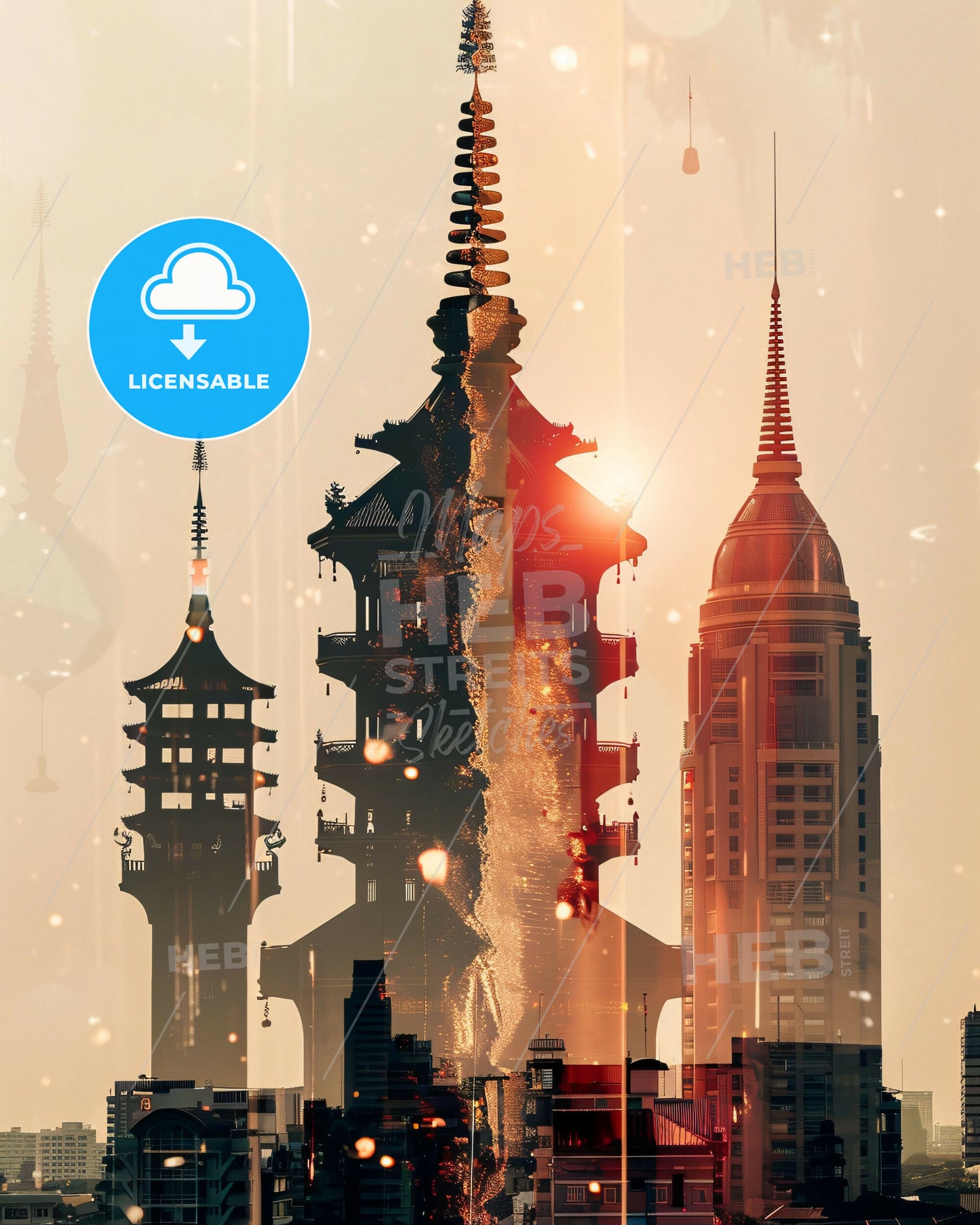 Nonthaburi Thailand Skyline Nightlights - A large tower with a fireball in the background