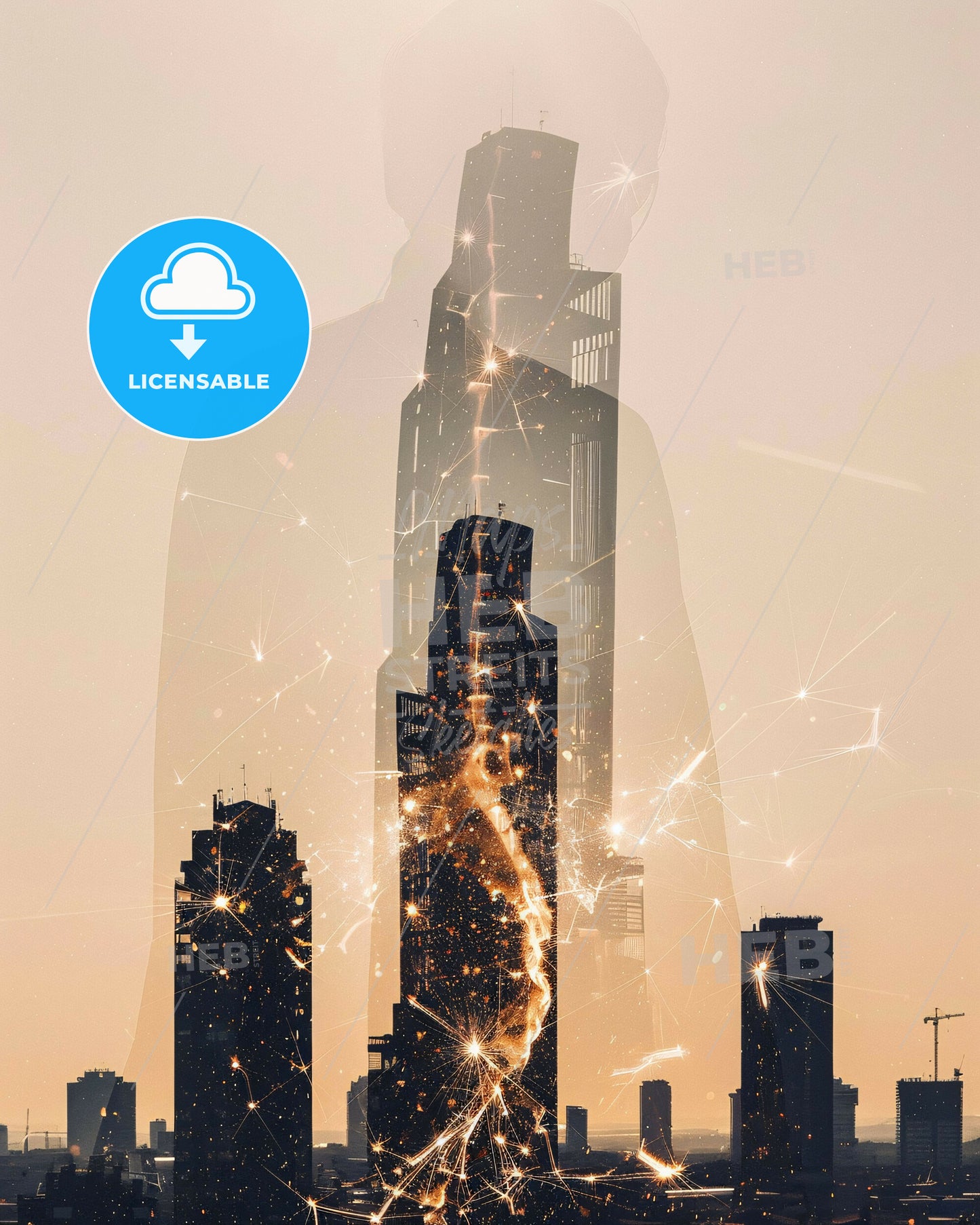 Nou Barris: Skyline Composite Art with City Icons - A double exposure of a man and a city