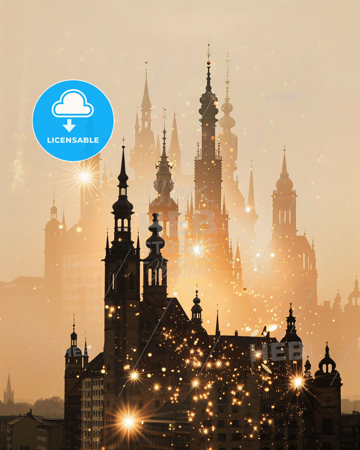 Nuremberg City Lights Skyline Panorama Wall Decor - Salt Lake Temple with towers and spires and fireworks