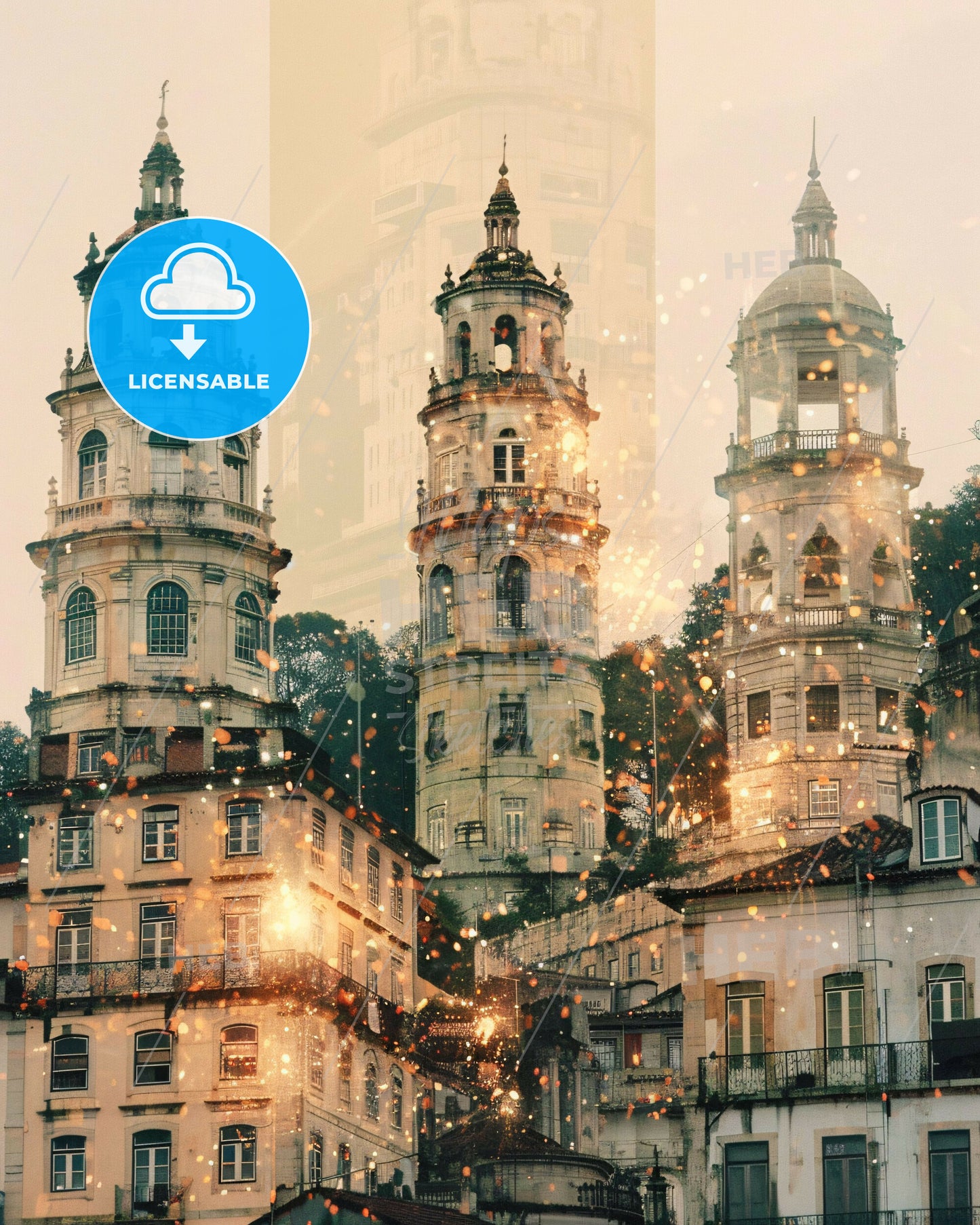 Olhao da Restauracao Portugal Double Exposure Art - A group of buildings with towers