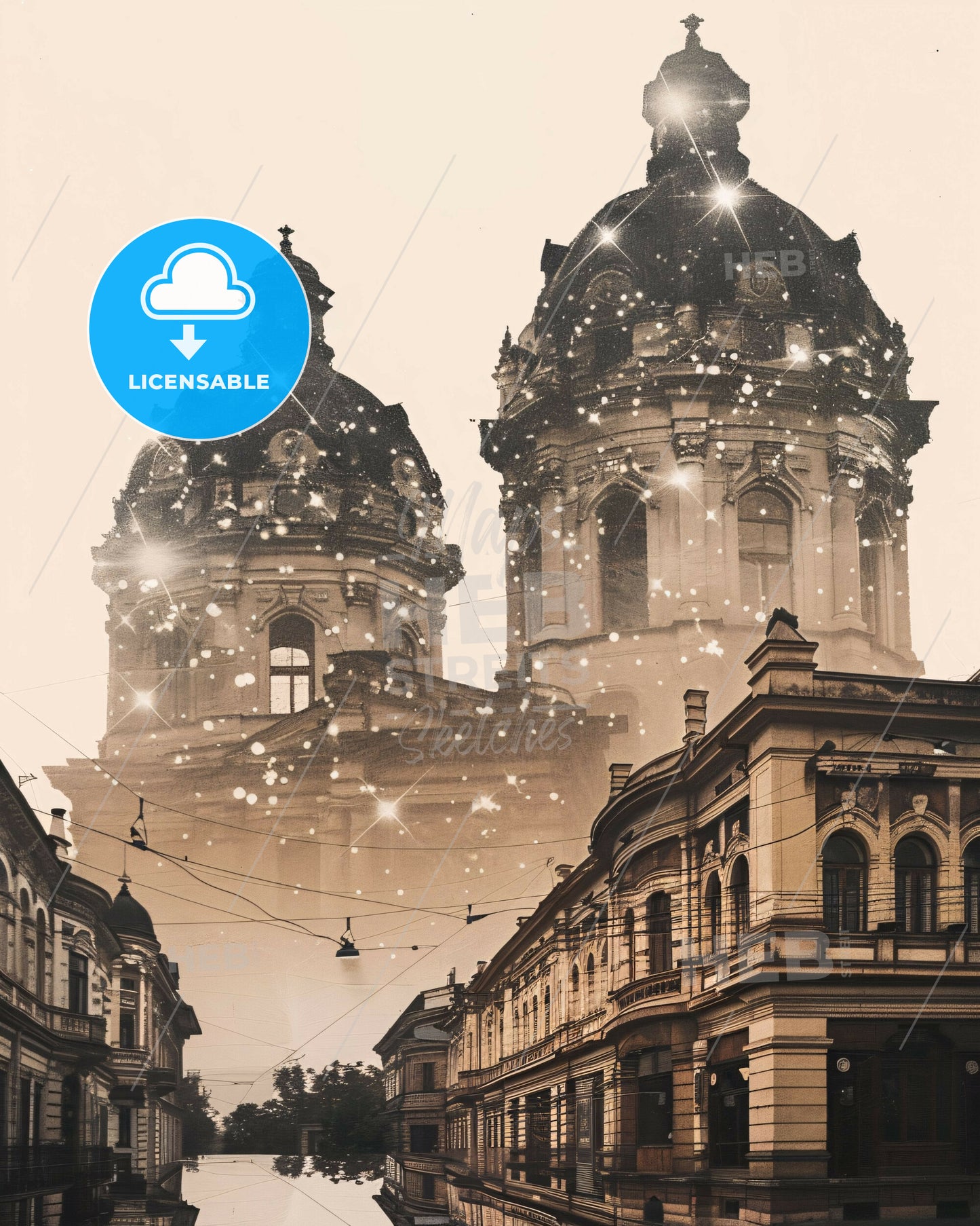 Oradea: Day and Night City Dreamscape Poster - A building with a dome shaped roof