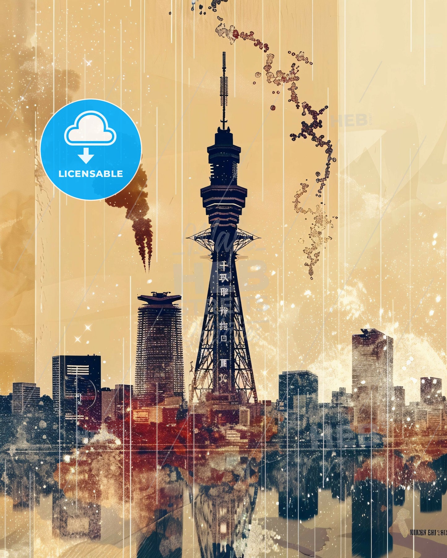 Osaka Skyline Beauty in Beige with Sparkles - A city with a tower