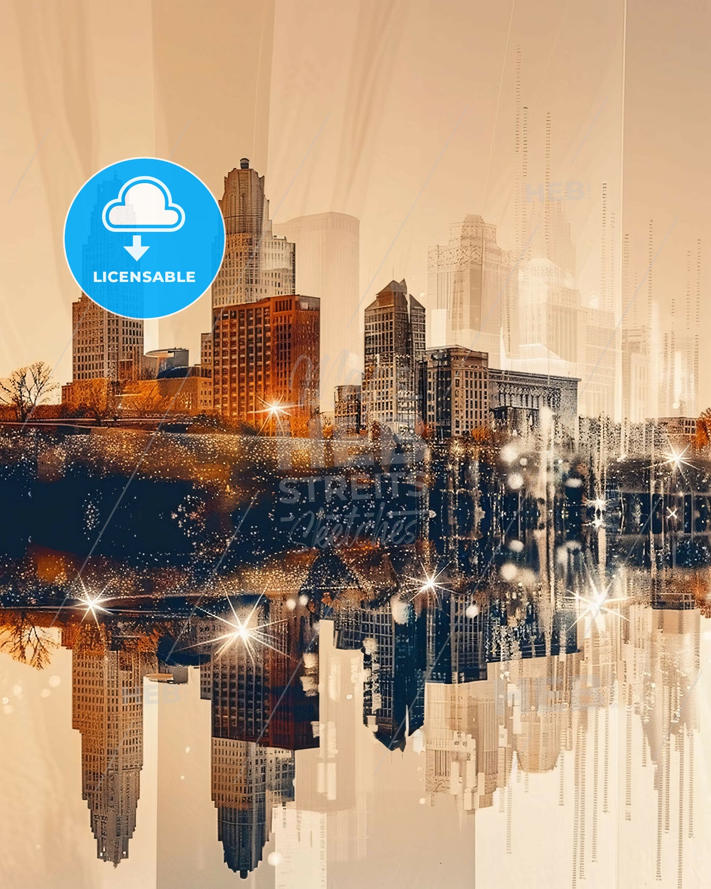 Overland Park Kansas Double Exposure Skyline - A city skyline with lights reflecting on water