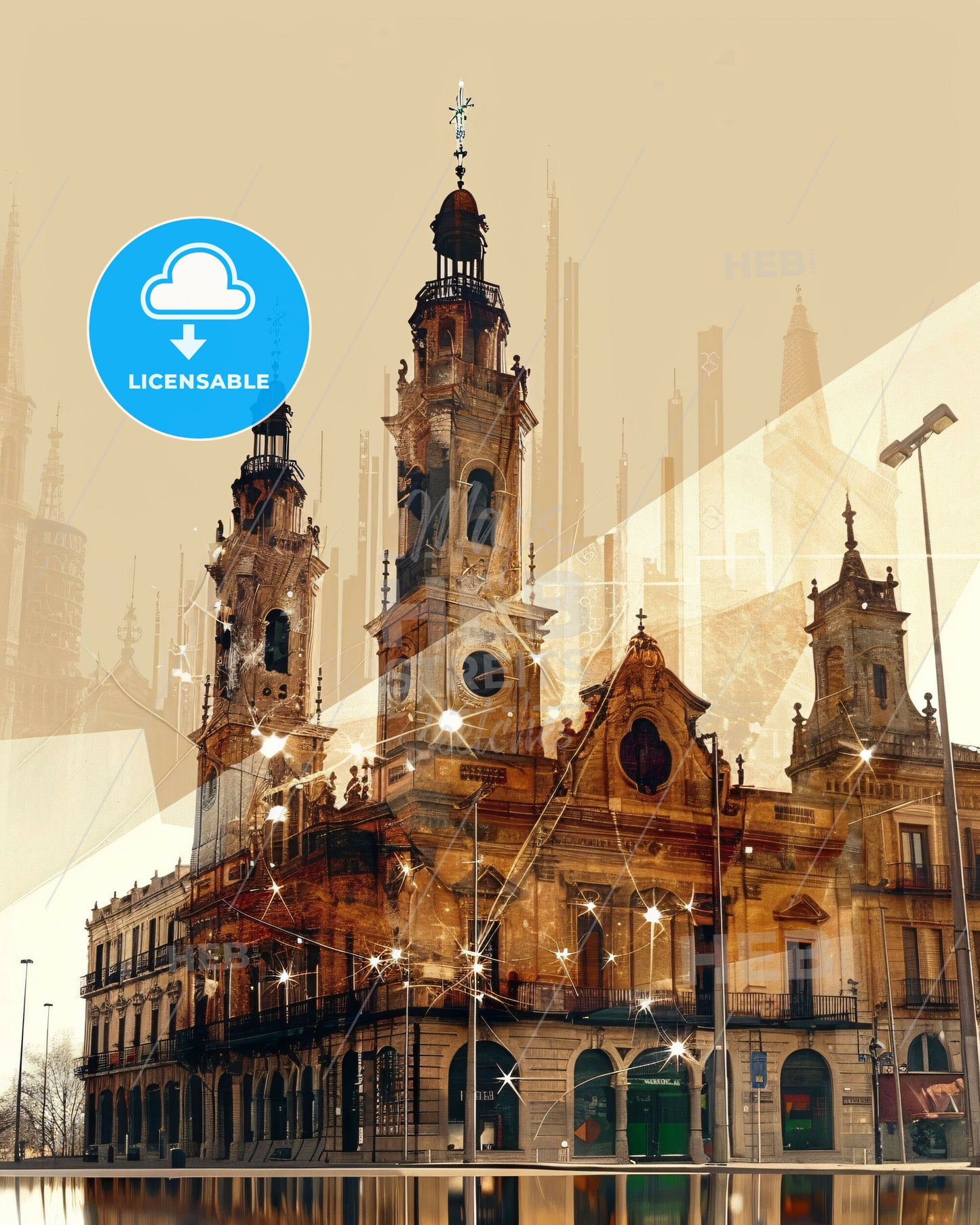 Oviedo Skyline Night Magic Art Poster - A building with towers and a city skyline