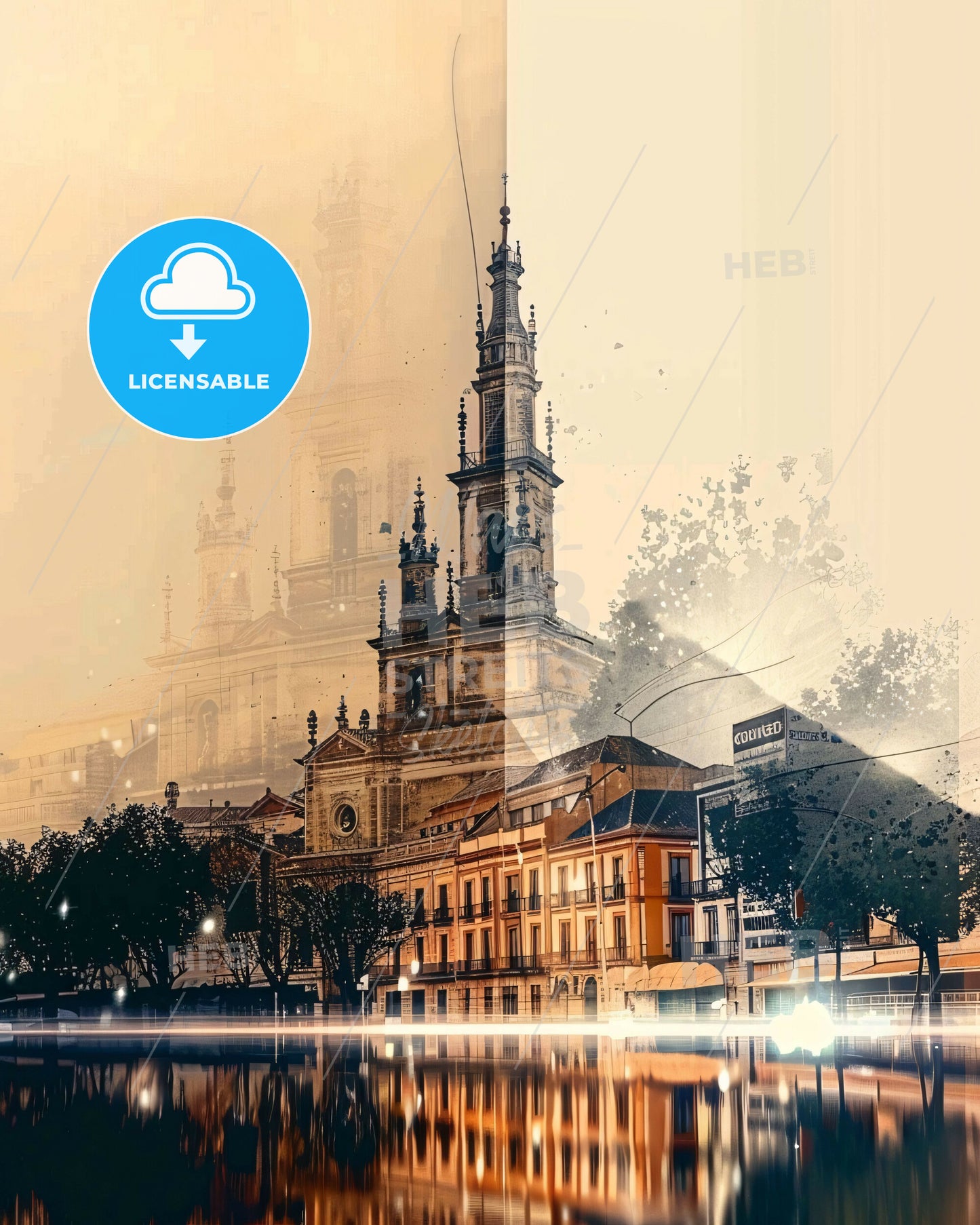 Oviedo: Skyline Panorama Poster in Local Hues - A city with a building and trees