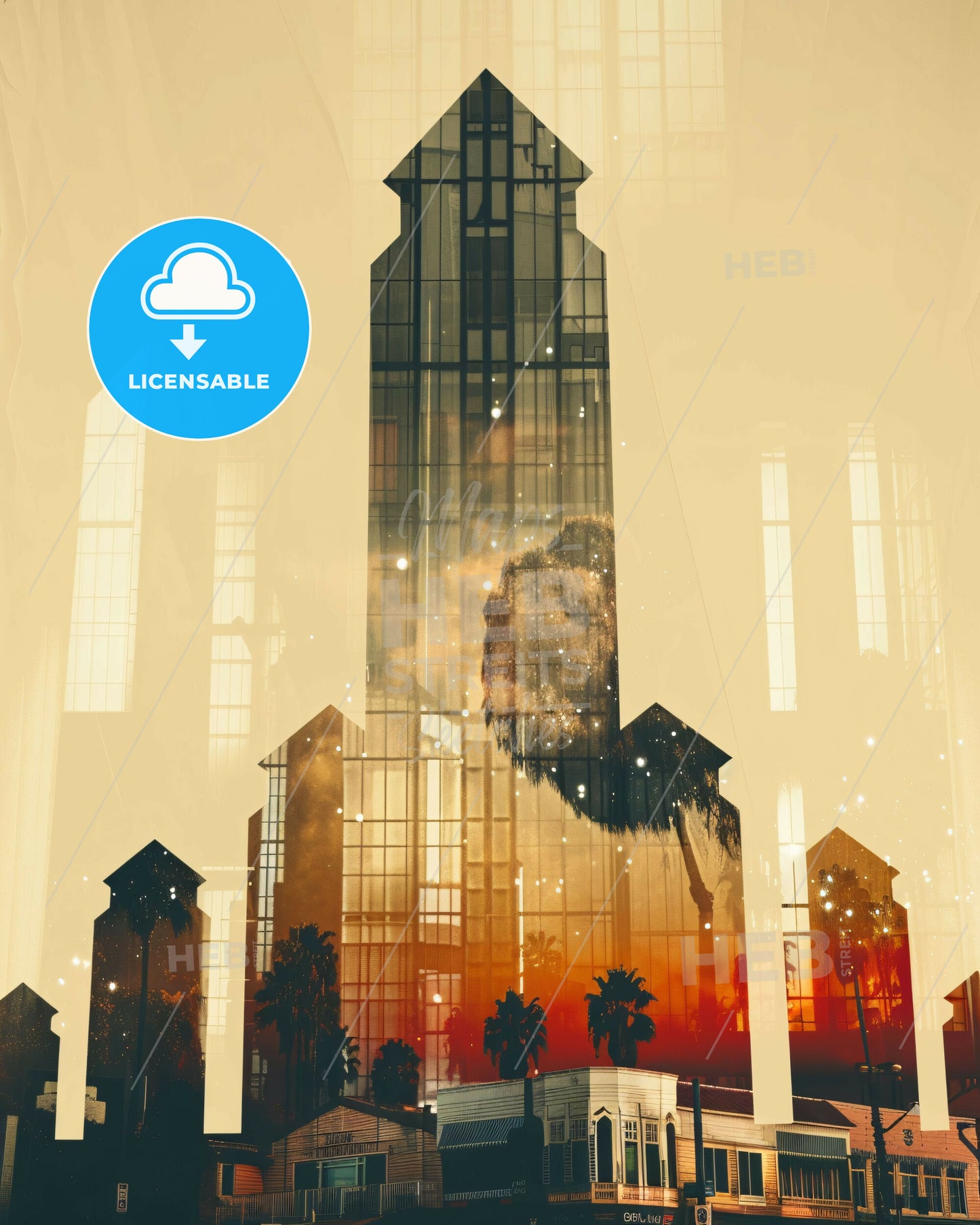 Oxnard Skyline Composite Art, Bright Beige - A tall building with a reflection of a sunset