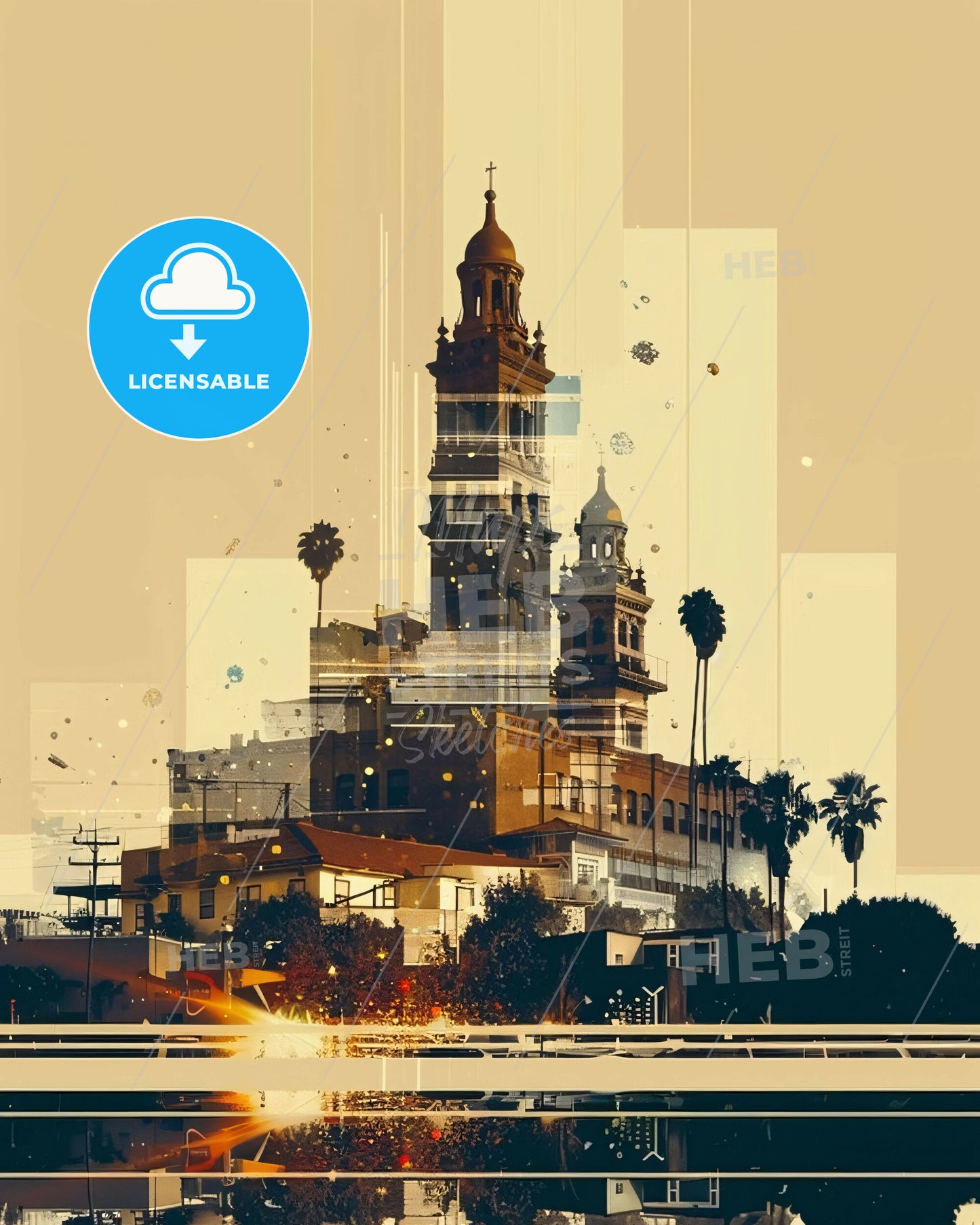 Oxnard City Architecture Skyline Poster - A building with a tower and palm trees
