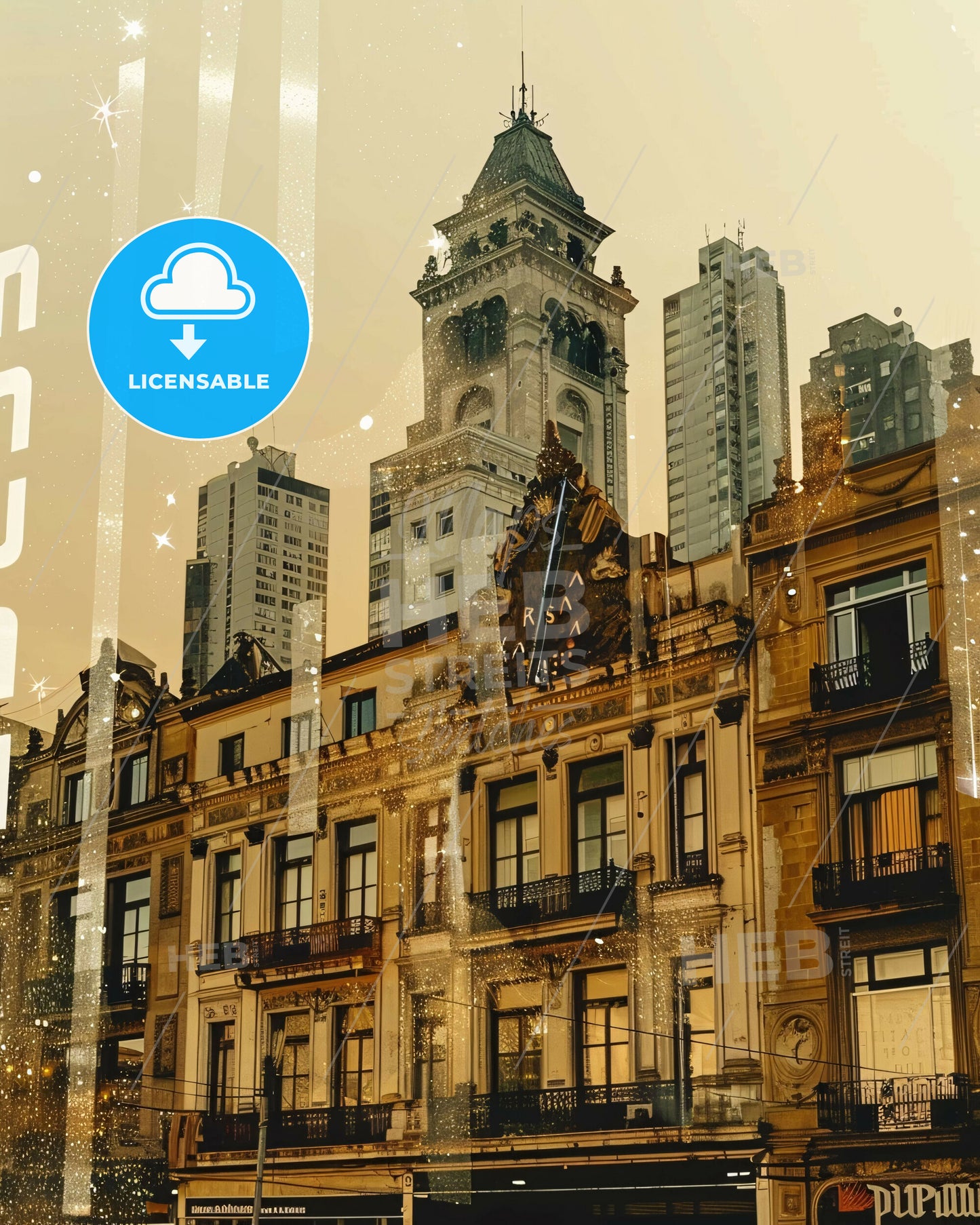 Parana Cityscape Art: Skyline and Icons in Warm Hues - A building with a clock and a tower