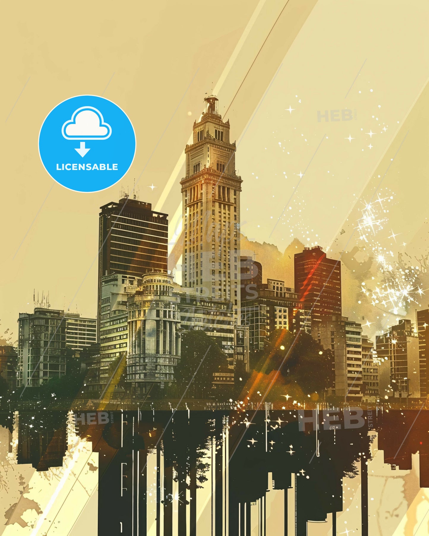 City of Parana Double Exposure Art Print - A city skyline with a tall tower and a body of water