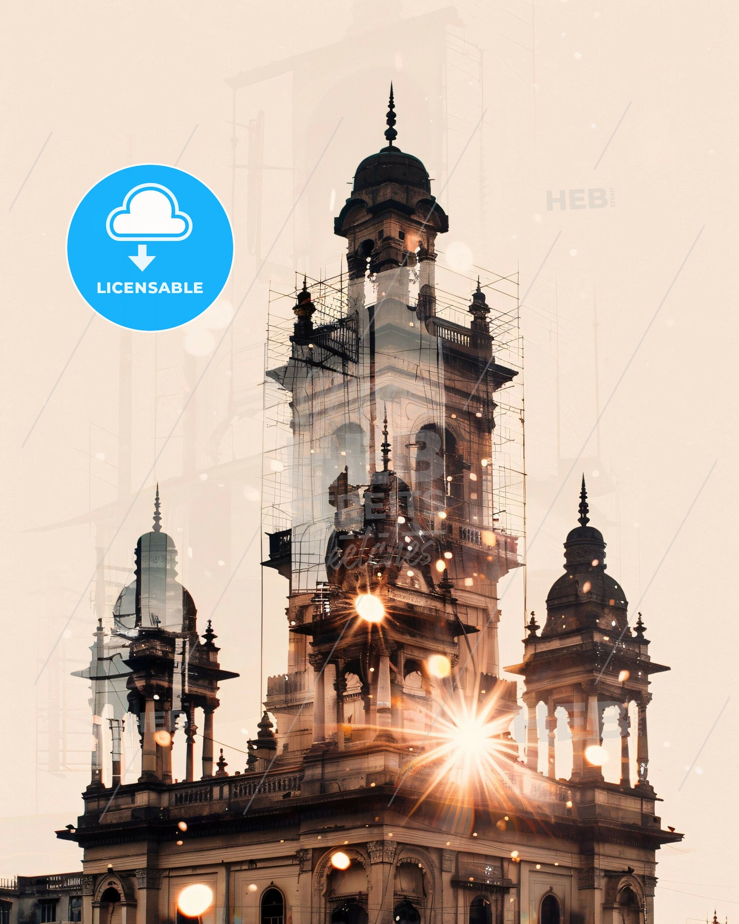 Patna Skyline Sunset Sparkle Art Composite Poster - A building with a tower and a sun shining through it