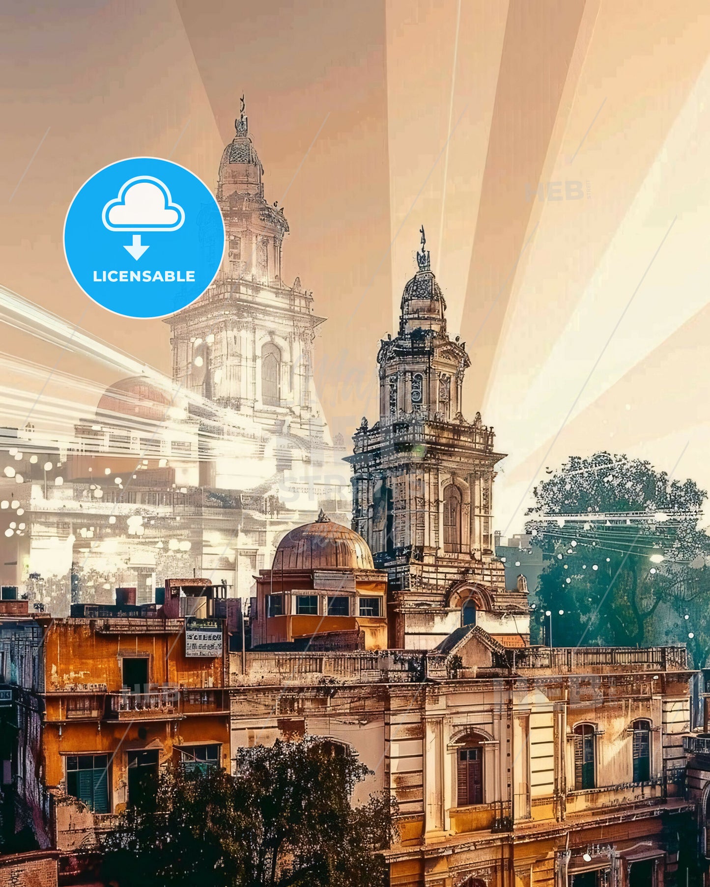 Patna Skyline Composite Art Poster - A building with towers and sun rays