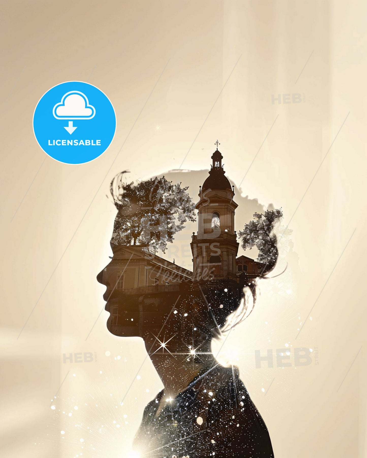 Pecs City Double Exposure Silhouette Art Poster - A silhouette of a woman with a building and a tower