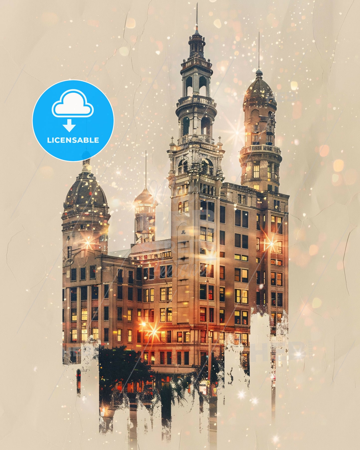 Pearland Skyline Double Exposure City Architecture - A building with many towers and a street light