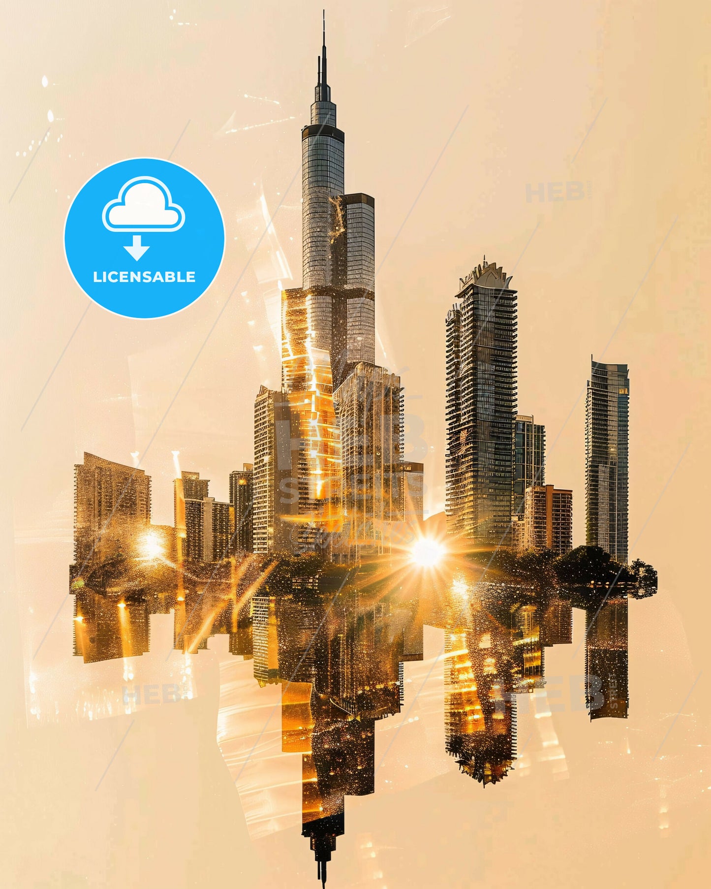 Pembroke Pines Skyline Composite Poster Art - A city skyline with a reflection of the sun