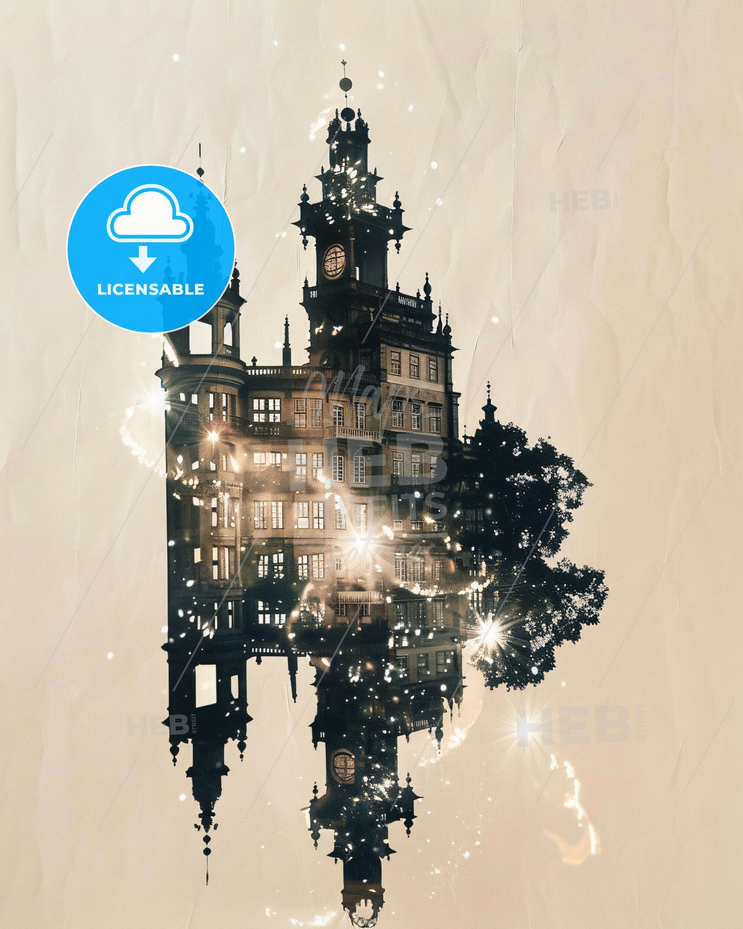 Peniche Double Exposure Skyline Poster - A building with a clock tower and trees