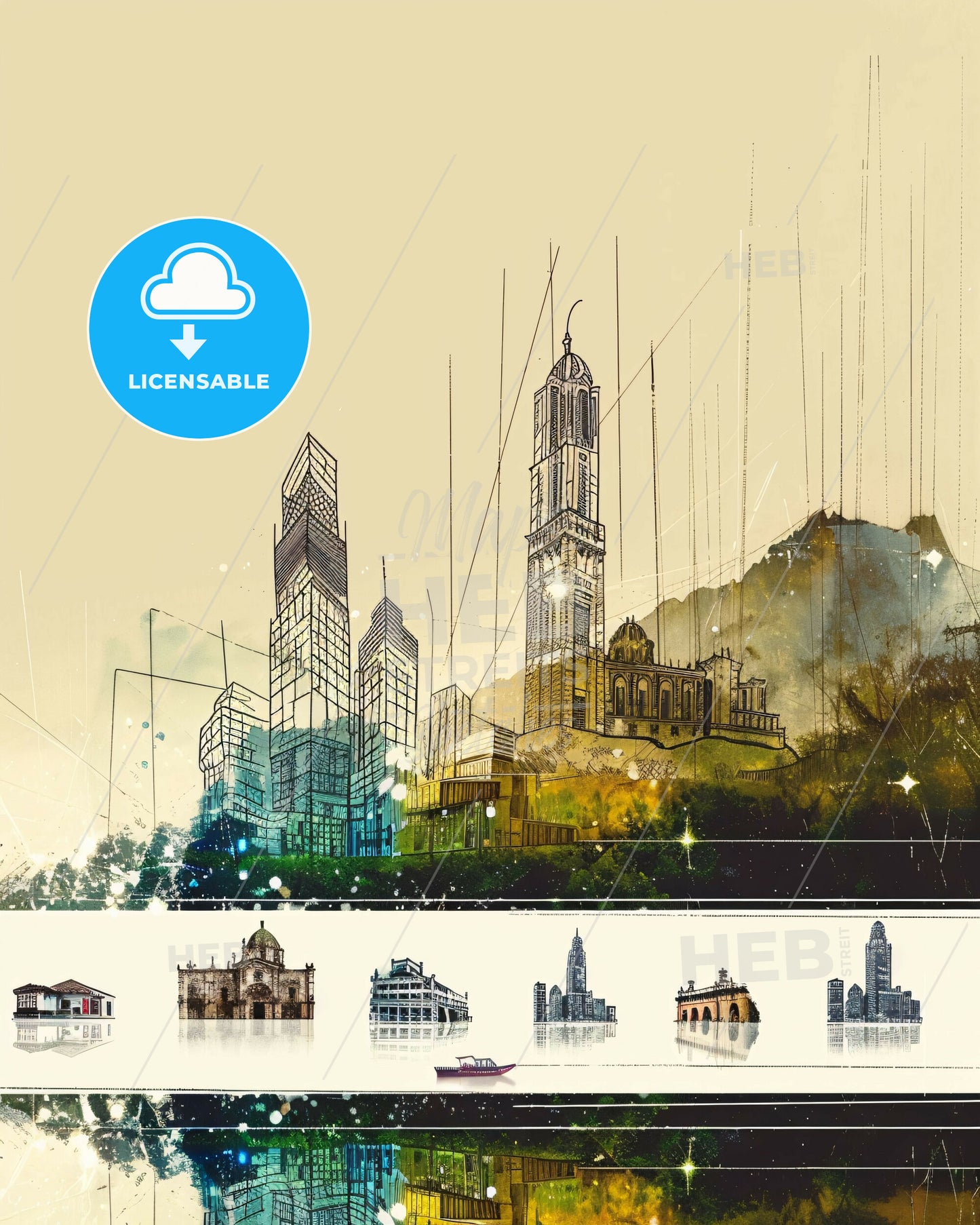 Pereira Skyline Composite Art with Local Icons - A drawing of a city