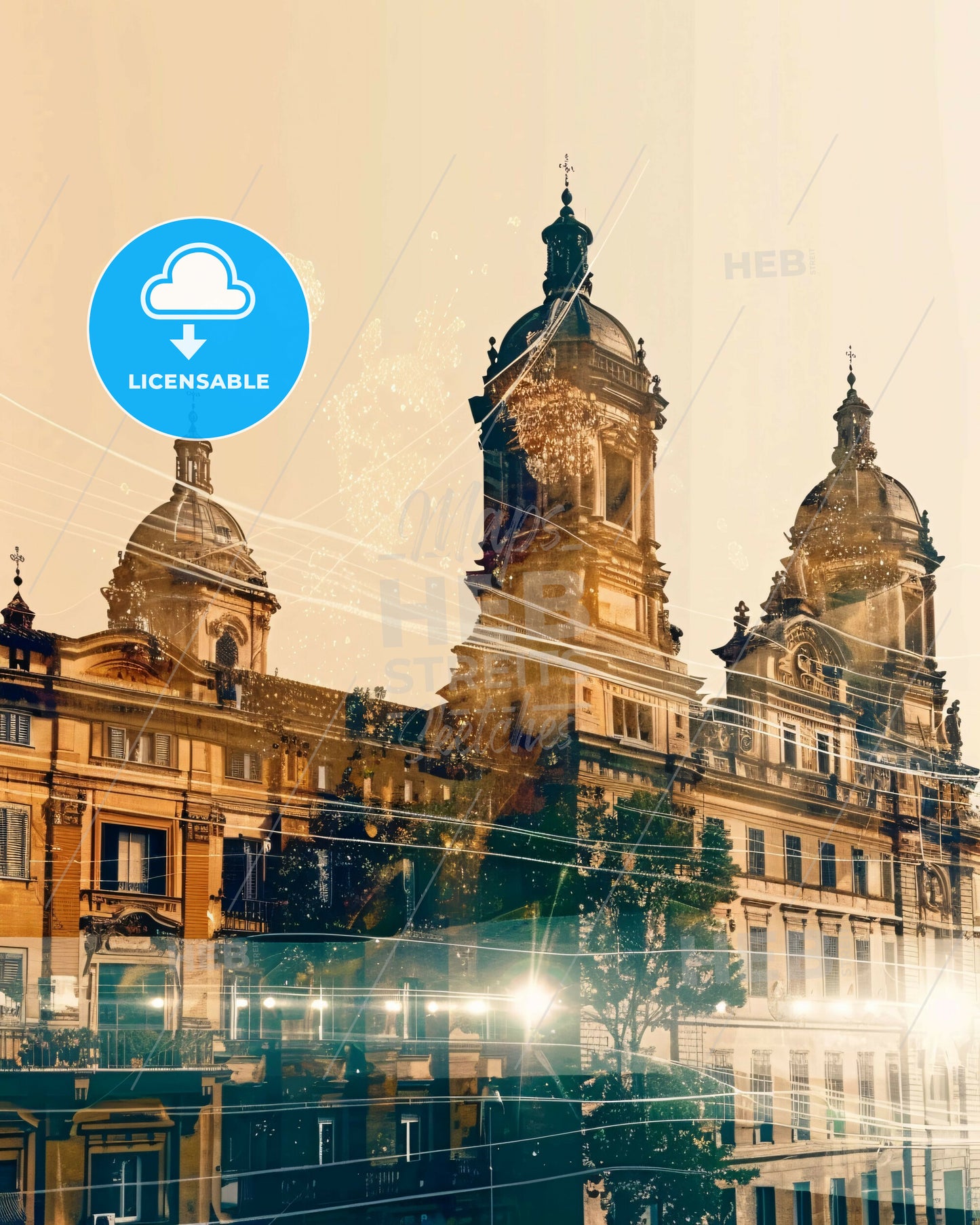 Perugia Skyline Composite Art on Beige - A building with towers and a street in the background