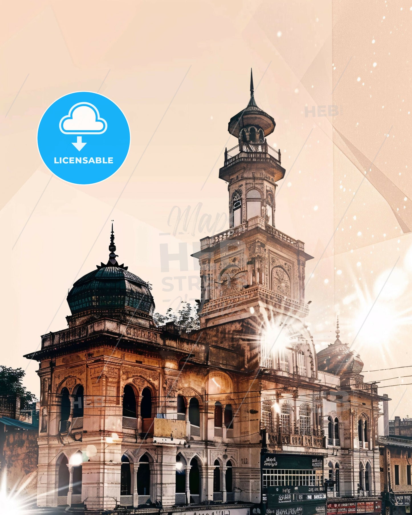 Peshawar Skyline Double Exposure Art Poster - A building with a tower