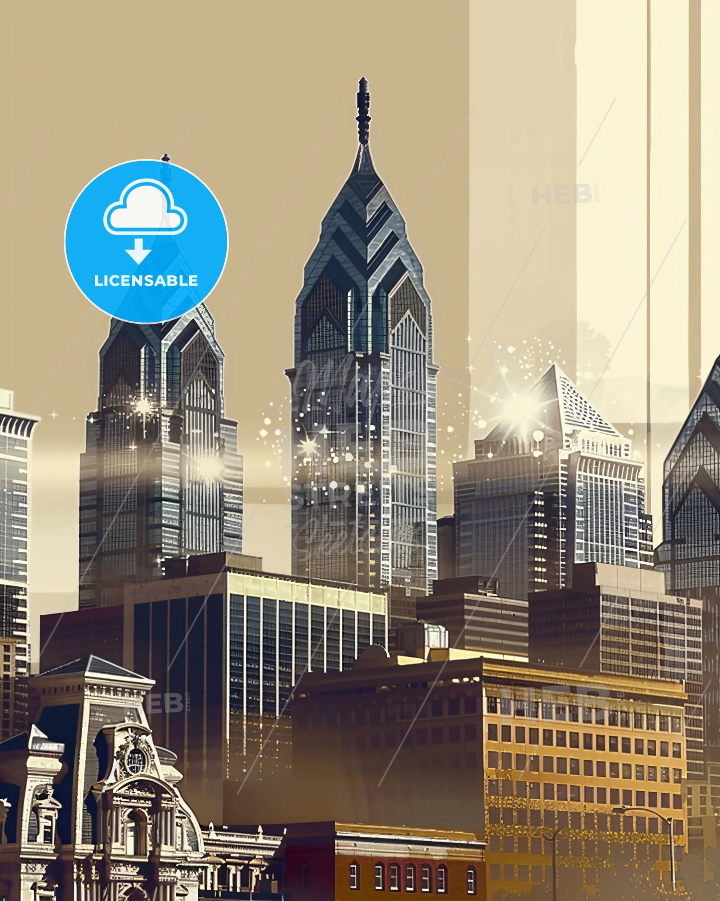 Philadelphia Skyline Art: City Icons and Sparkle - A city skyline with tall buildings