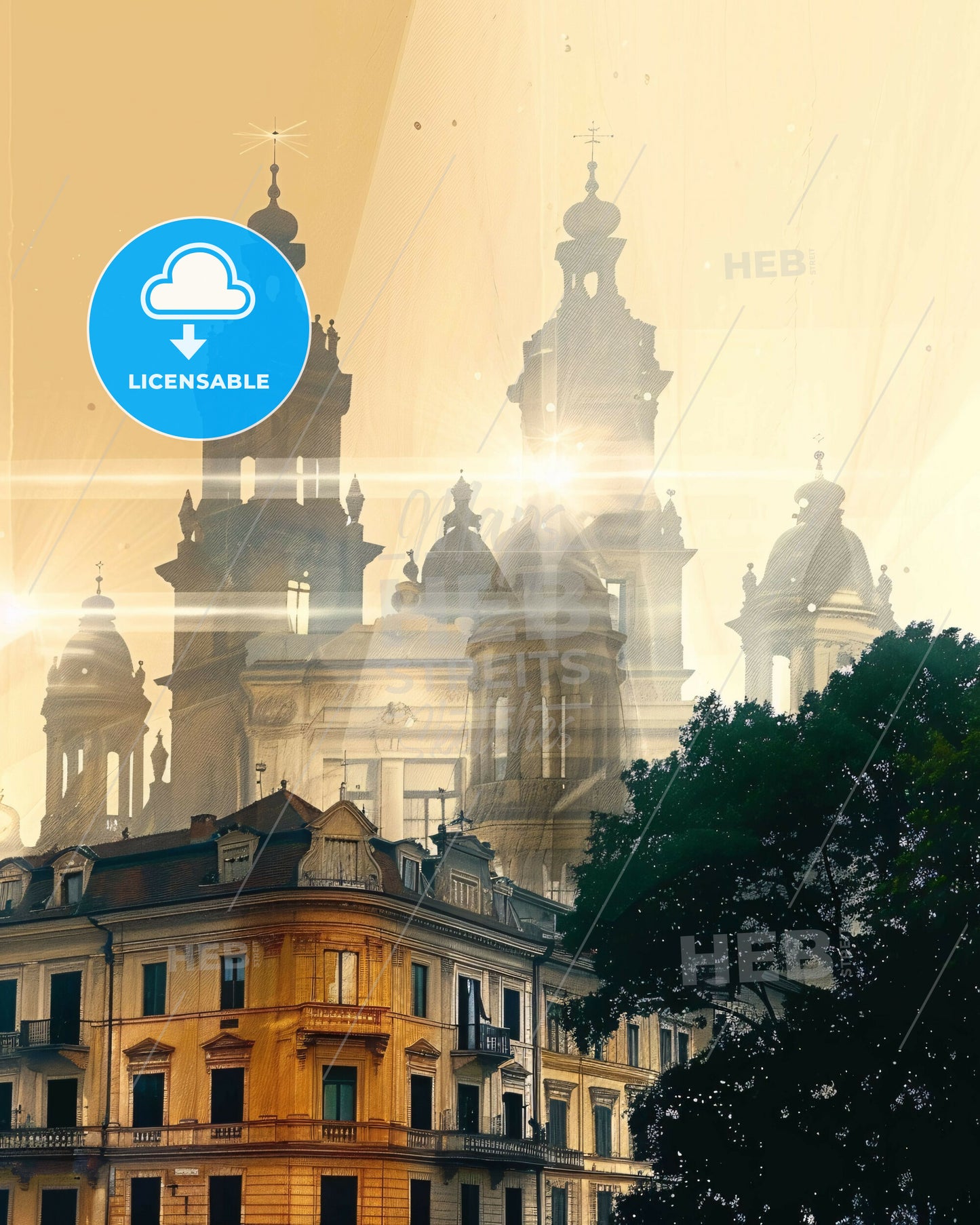 Piacenza Skyline Double Exposure Art Poster - A building with towers and trees