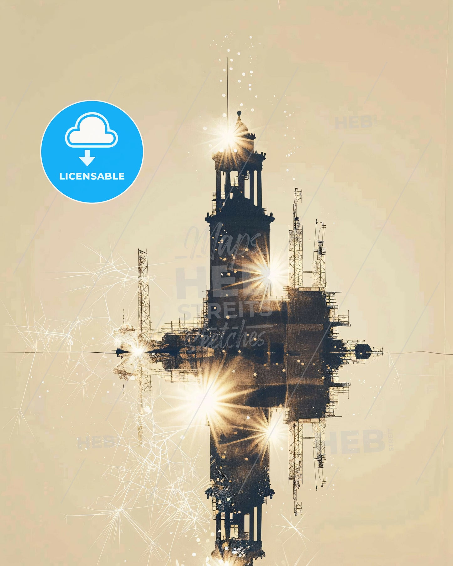 Piraeus Cityscape Silhouette Sparkle Print - A building with a tower and lights