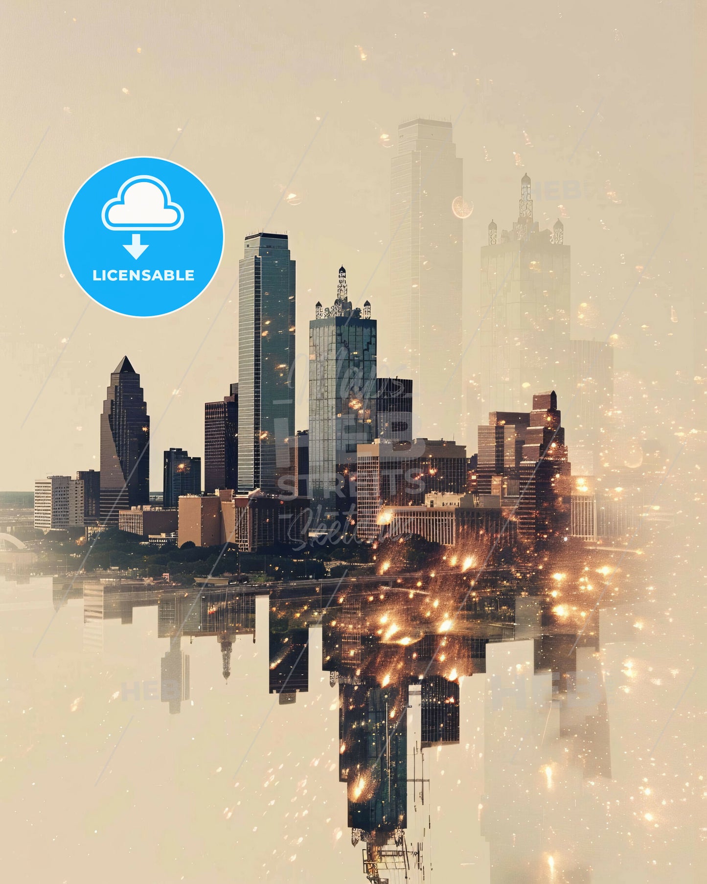 Plano Skyline Double Exposure Art Poster - A city with many tall buildings and a reflection of the water