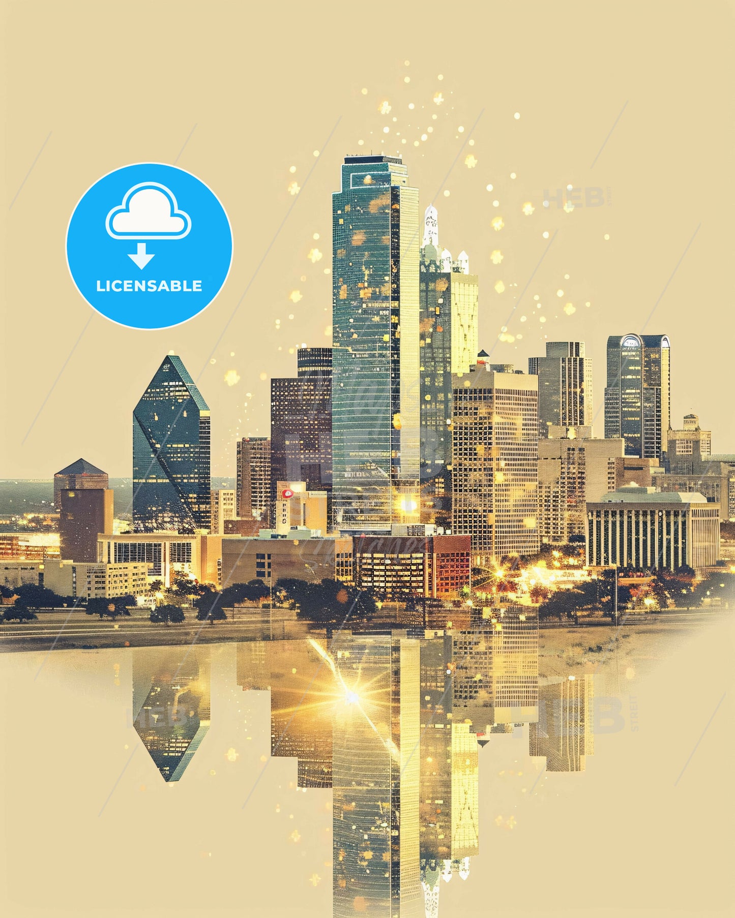 Plano Dreamy Cityscape Composite Poster - A city skyline with lights reflecting on water