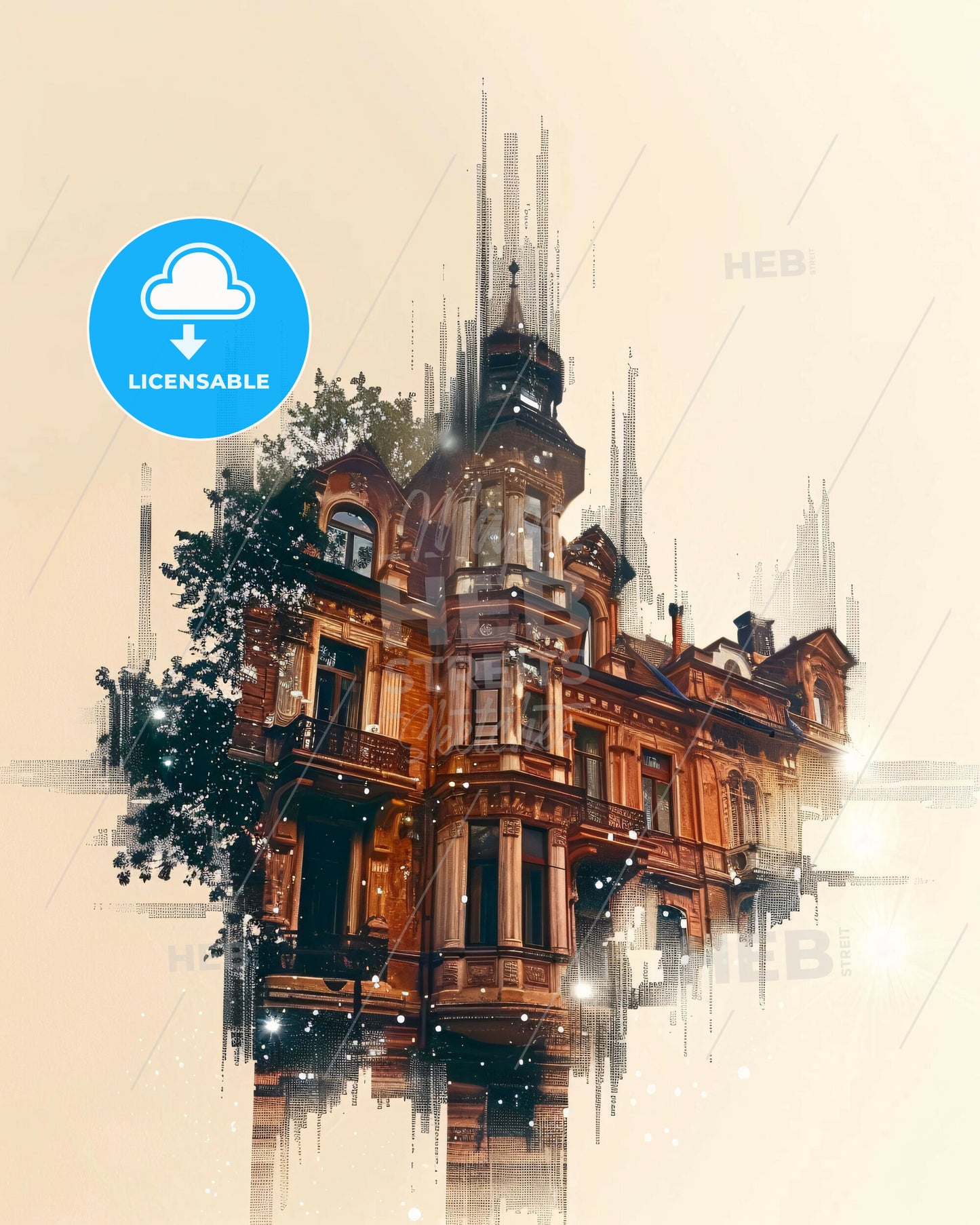 Ploiești Skyline Double Exposure Poster Art - A building with a tower and a tree