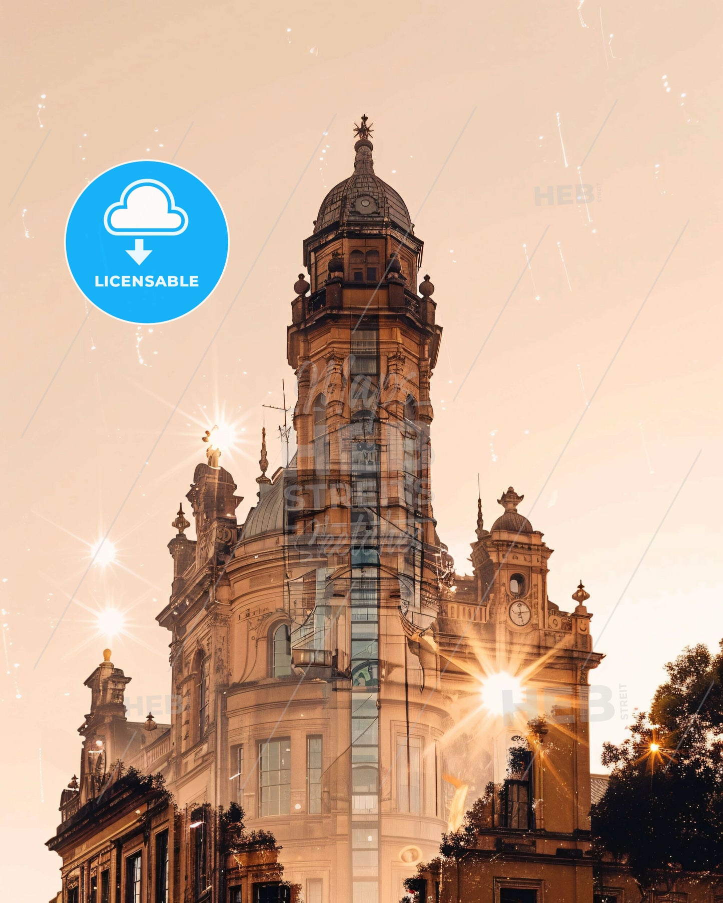 Port Elizabeth Skyline Composite Art Poster - A building with a clock tower and sun rays