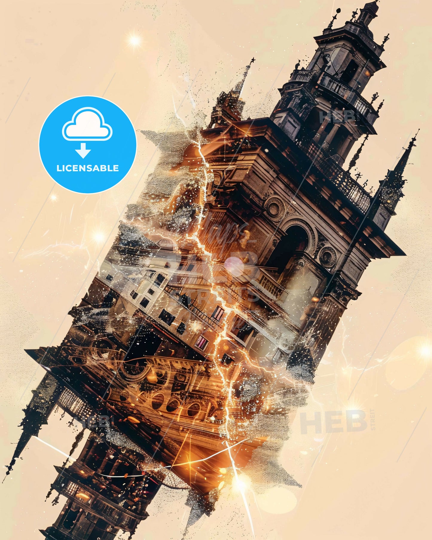 Prato Skyline Composite Architectural Art Bright Beige - A building with a tower and lightning