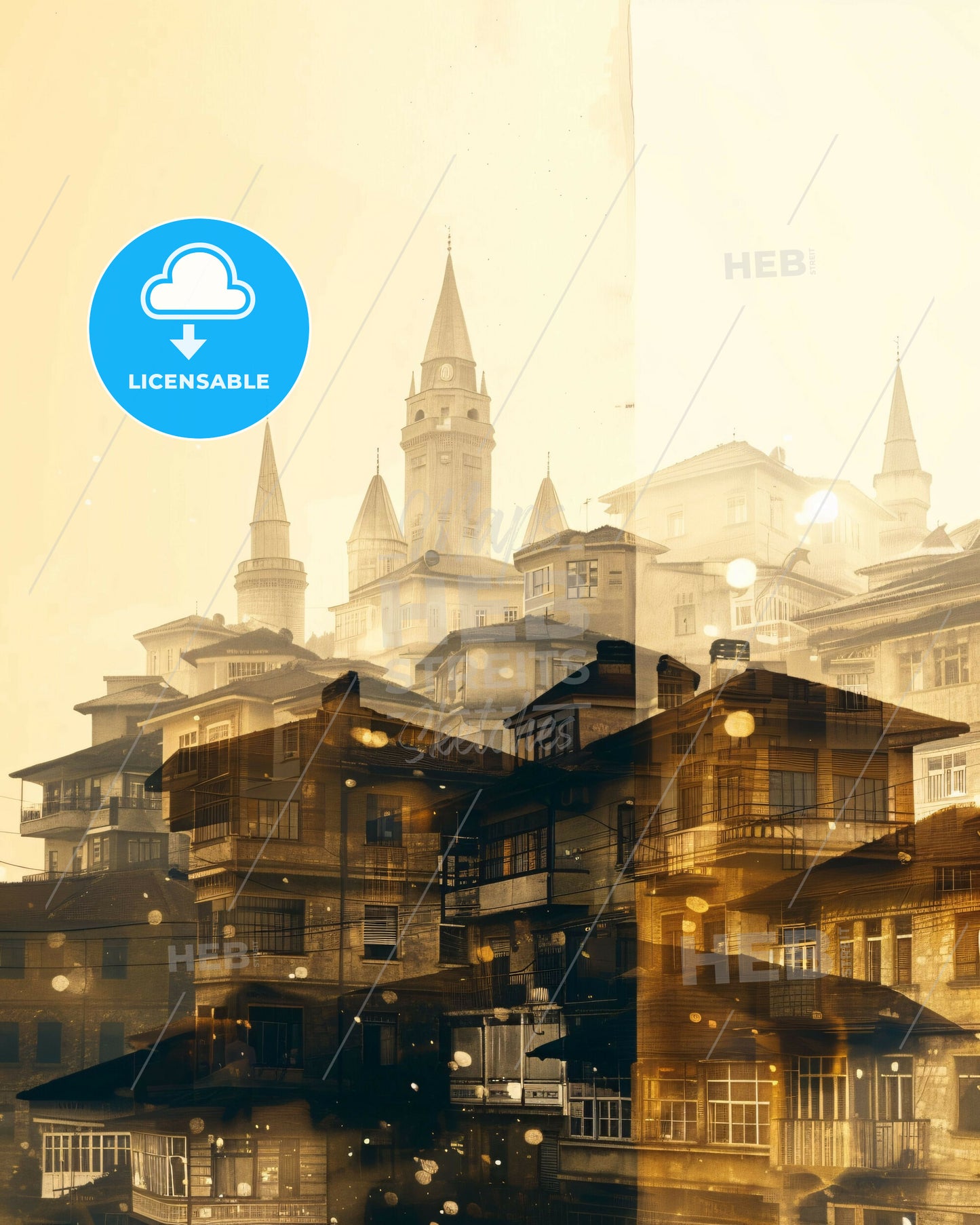 Prizren City Skyline & Local Icons Double Exposure Art Poster - A group of buildings with towers