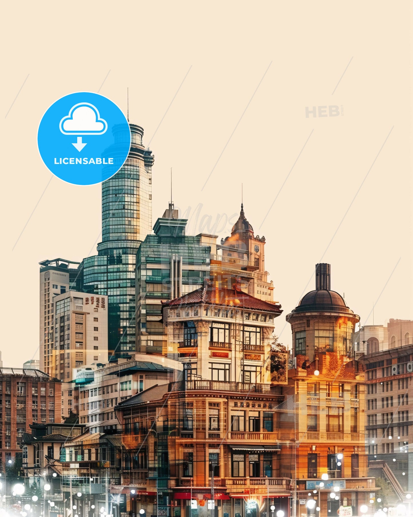 Qingdao Skyline Composite Art with Sparkle - A city skyline with many buildings